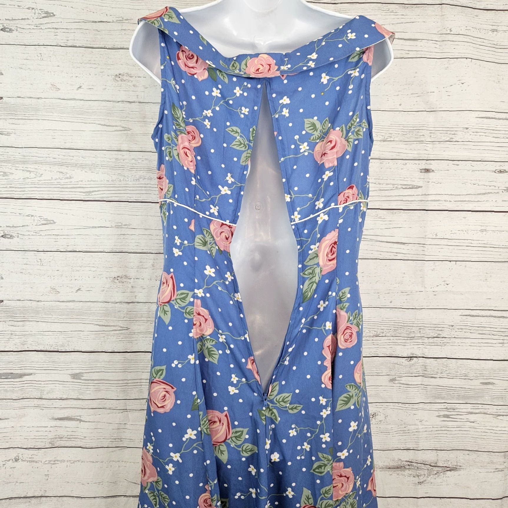 Hell Bunny Vixen Dress Womens L Blue Floral Sleeveless Knee Length Zip  Polka Dot Brand Flowers