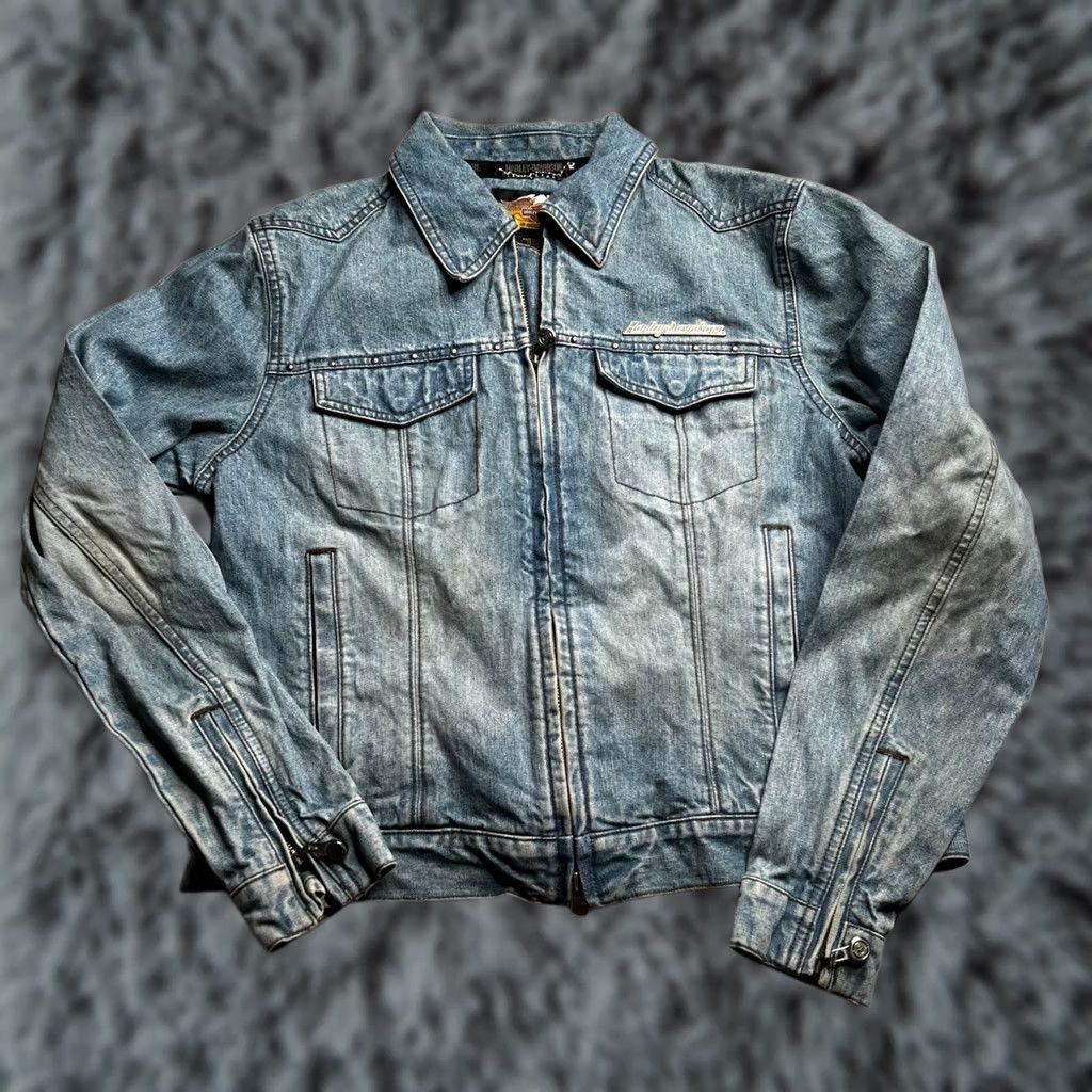 Harley Davidson Harley-Davidson Denim Jacket Blue Leather Embossed Eagle Back Medium Womens Size M / US 6-8 / IT 42-44 - 1 Thumbnail