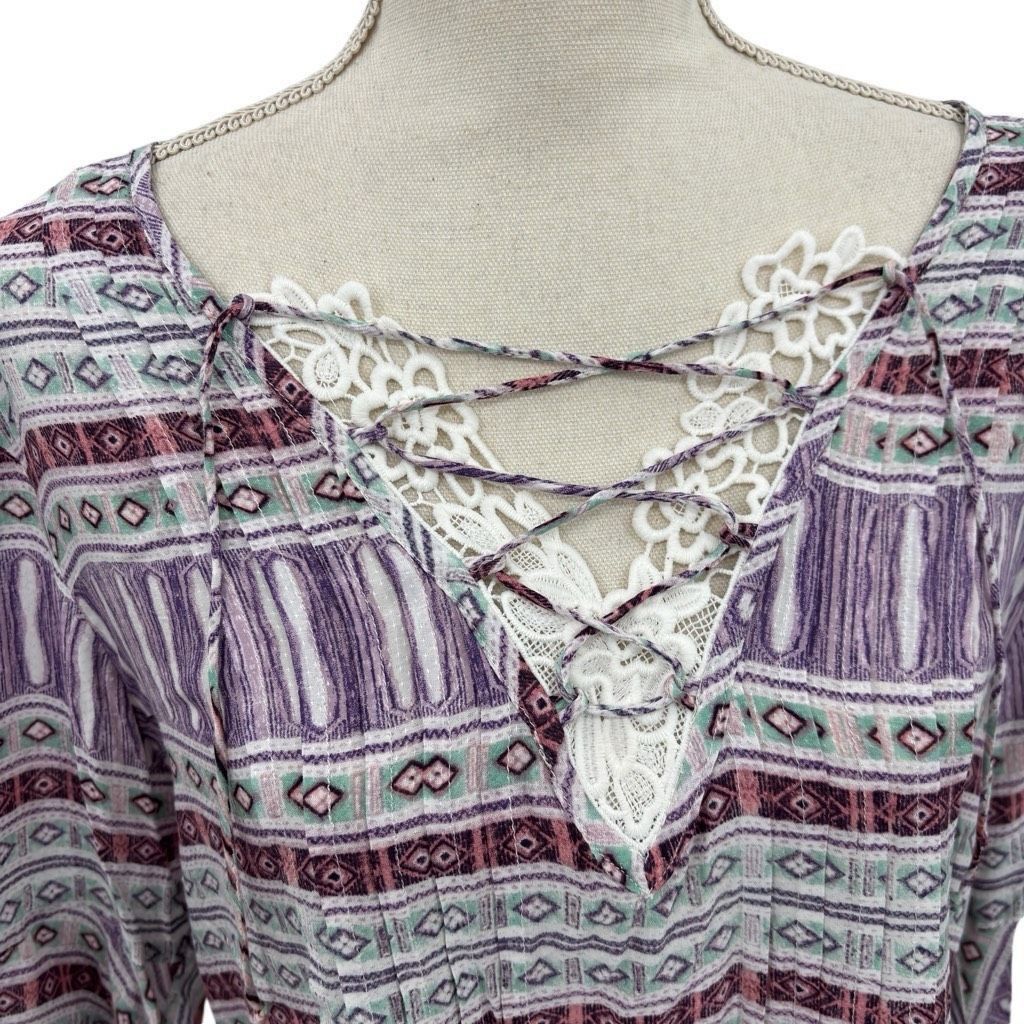 Other Vintage America Blues Aztec Tribal Bell Sleeve Boho Blouse Purple White Large Size L / US 10 / IT 46 - 7 Thumbnail