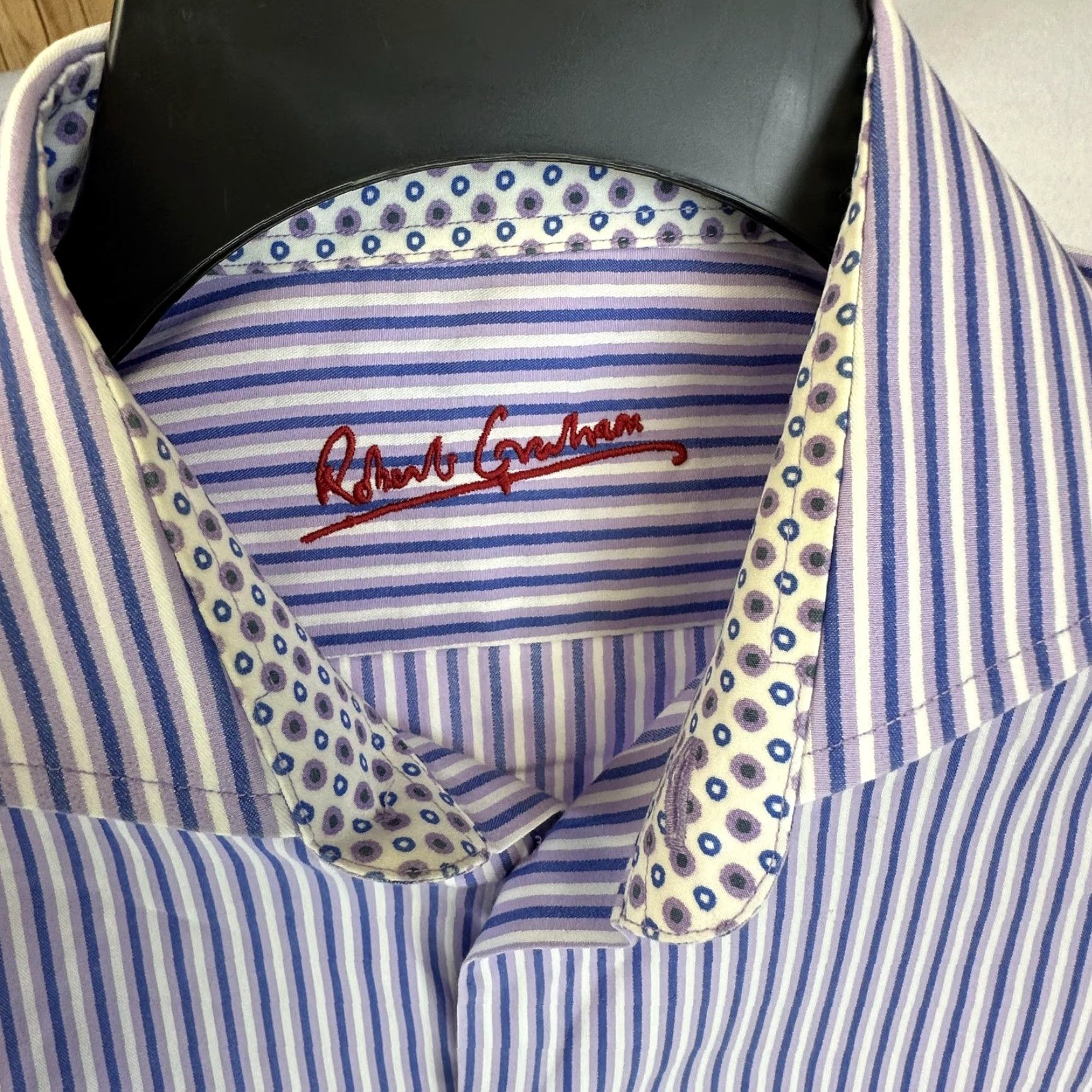 Robert Graham Robert Graham Shirt Mens Medium Purple Blue Stripe Contrast Cuff Cotton 15.5 39 Size US M / EU 48-50 / 2 - 6 Thumbnail
