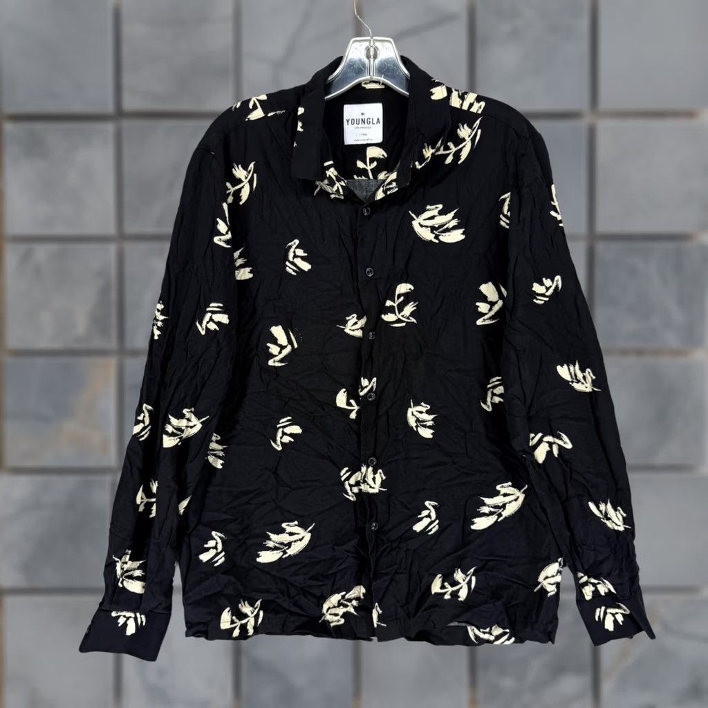 YoungLA YoungLA 804 Black Cream Abstract Leaf Print Button-Up Shirt L Mens Long Sleeve Button Front Collared Casual Streetwear Modern Size US L / EU 52-54 / 3 - 1 Thumbnail