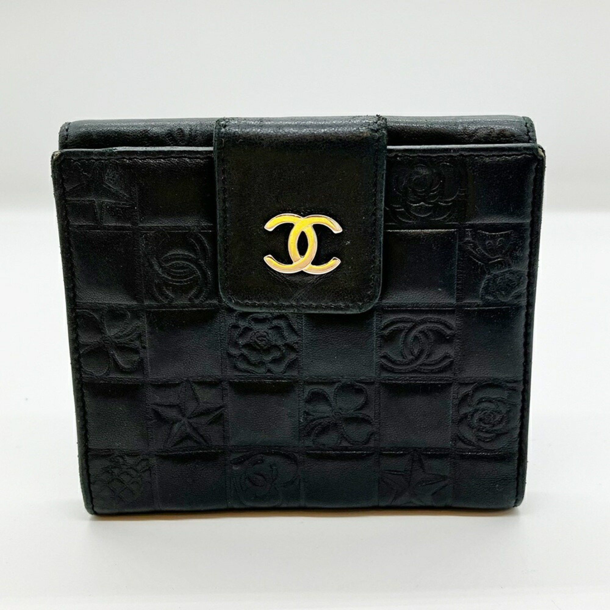 CHANEL Icon Line Bifold Wallet Black Calf Leather Coco Mark Camellia and Clover Motifs Women's