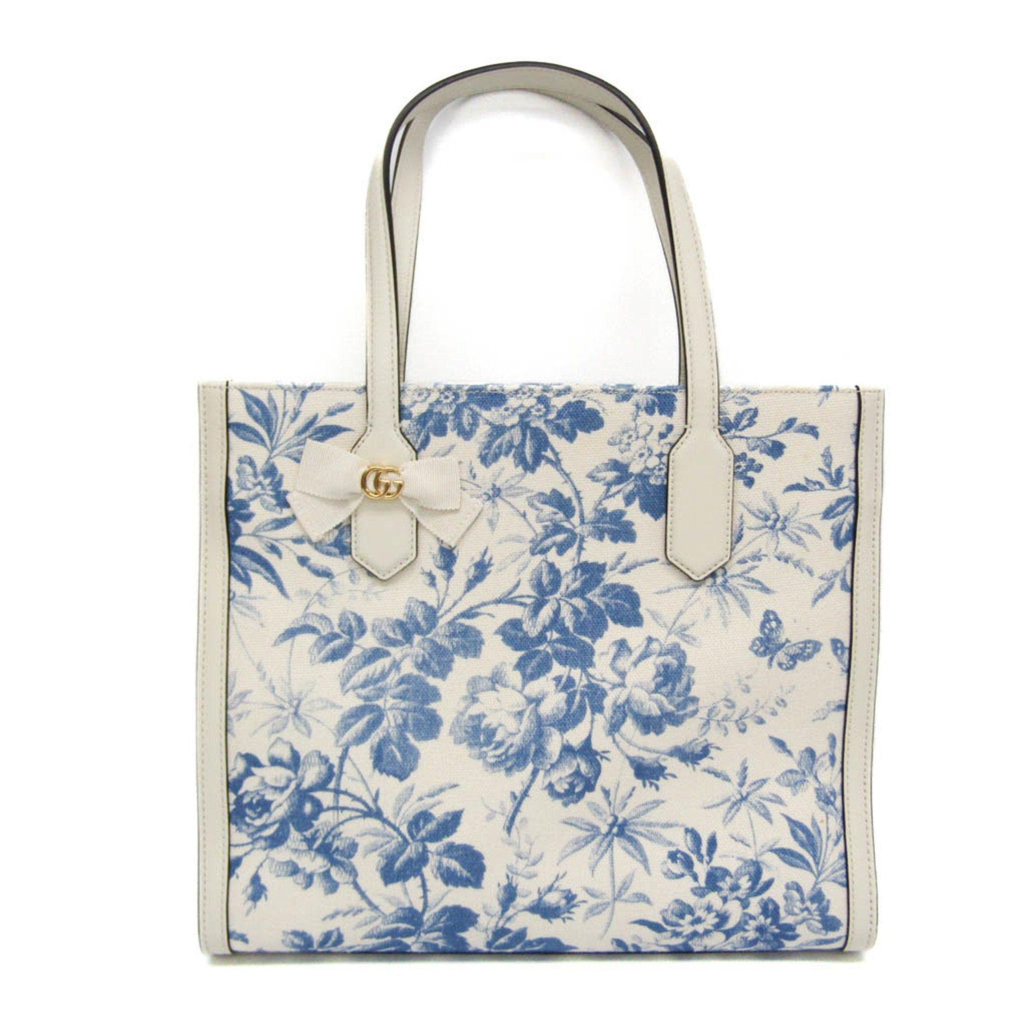 image of Gucci GG Ribbon Herbarium 432684 Women's Canvas,leather Tote Bag Blue,off-White