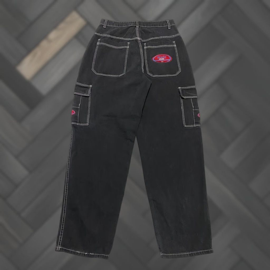 Shein SHEIN Cargo Pants Womens L Black Twill Cotton Blend Contrast Stitching Pockets Streetwear Y2K Casual Baggy Straight Front Logo Strap Size 36" / US 14 / IT 50 - 1 Thumbnail