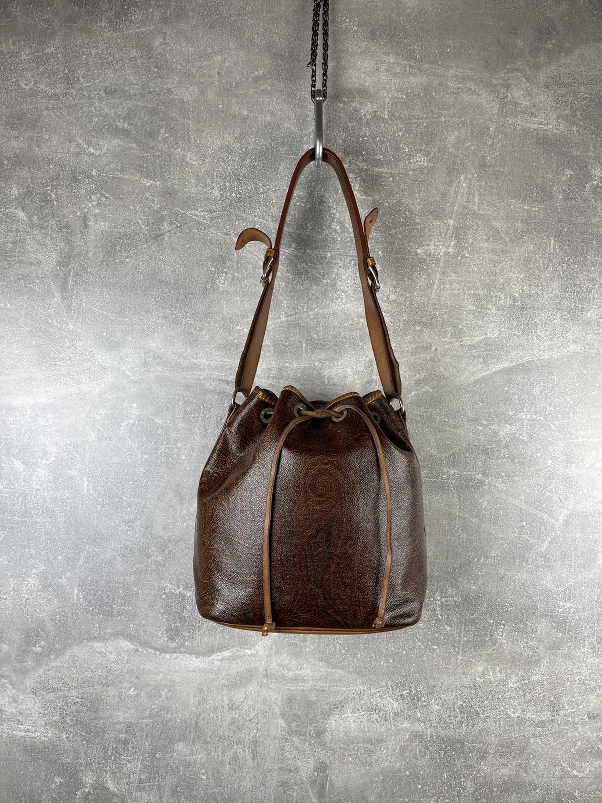 Etro Milano Vintage Paisley Bucket Shoulder Bag Leather Trim in Brown, Women's