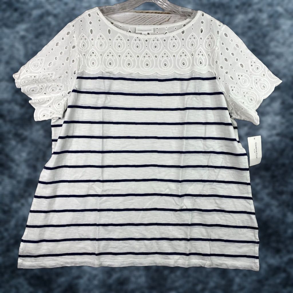 Charter Club Charter Club T Shirt Womens 2X Blue Stripe Eyelet Stretch Nautical Beach Shirt Size XXL / US 16-18 / IT 52-54 - 1 Thumbnail
