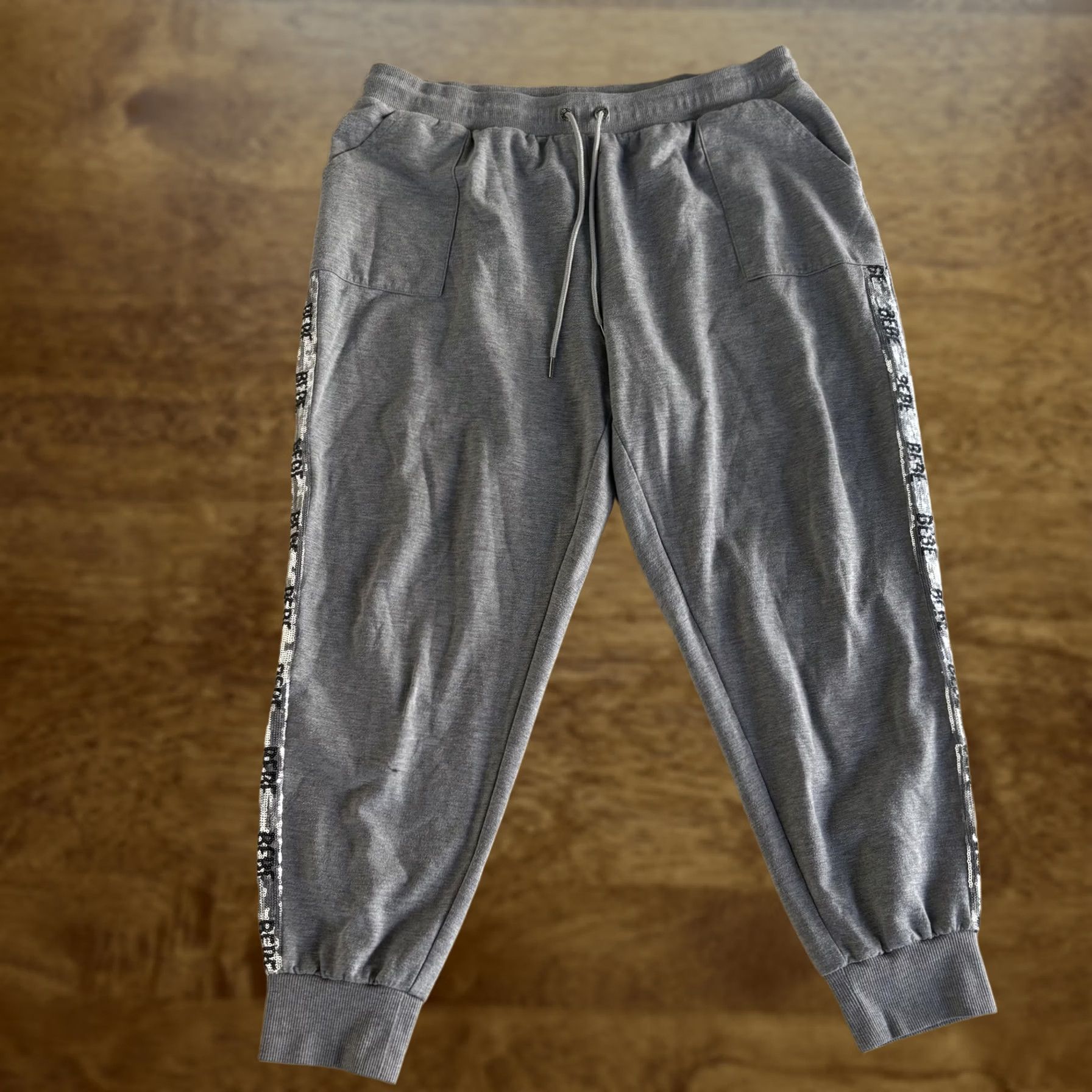 Bebe bebe Sport Jogger Pants Womens 2X Gray Knit Side Stripe Sequin Logo Lounge Size 40" / US 18 - 1 Thumbnail