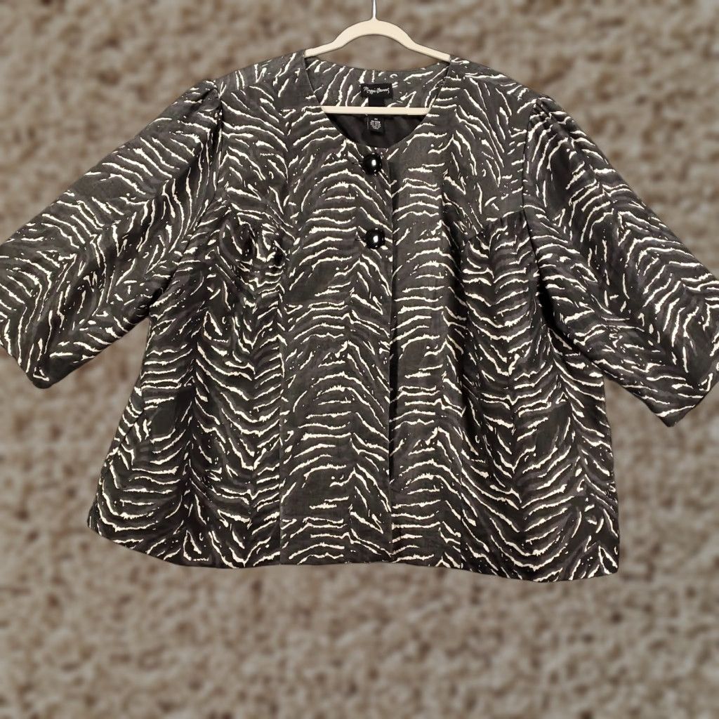Vintage Womens Jacket 3X Black Shimmer Button Up Lined Nylon 3/4 Sleeve Maggie Barnes Plus Size 26W 28W Coat/Outerwear Size XXL / US 16-18 / IT 52-54 - 1 Thumbnail