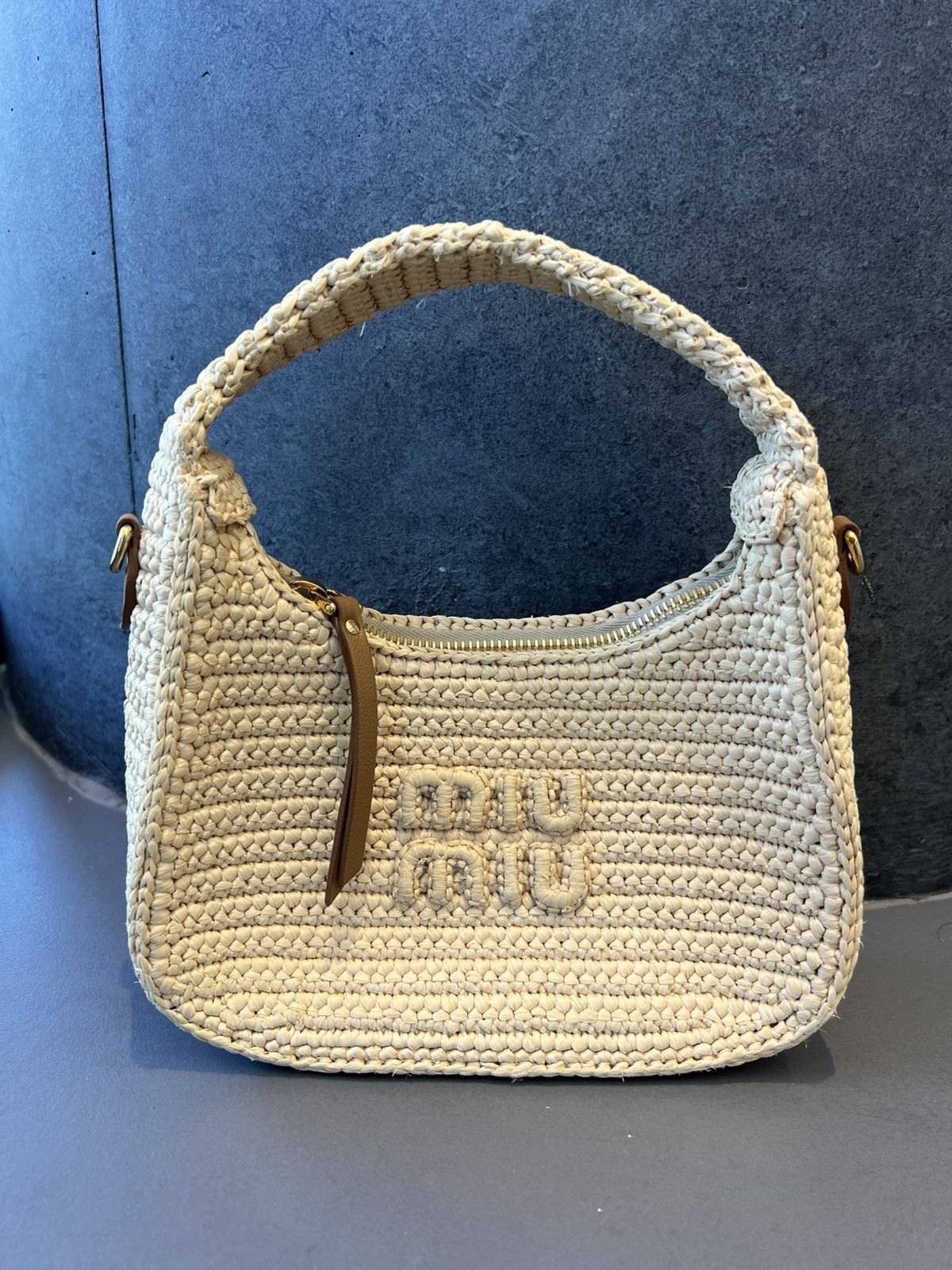 Miu Miu Miu Miu Wander Natural Raffia Crochet Crossbody Bag Size ONE SIZE - 1 Thumbnail