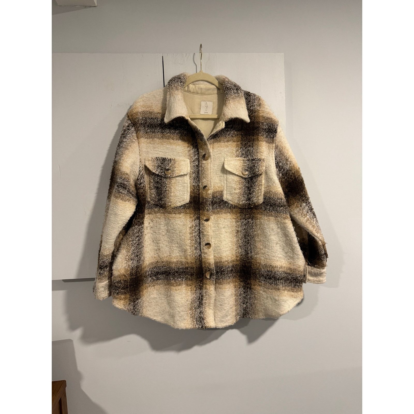 Joie Joie Women's Shacket Size 1X Cream Brown Plaid Fuzzy Sherpa Size XL / US 12-14 / IT 48-50 - 2 Thumbnail