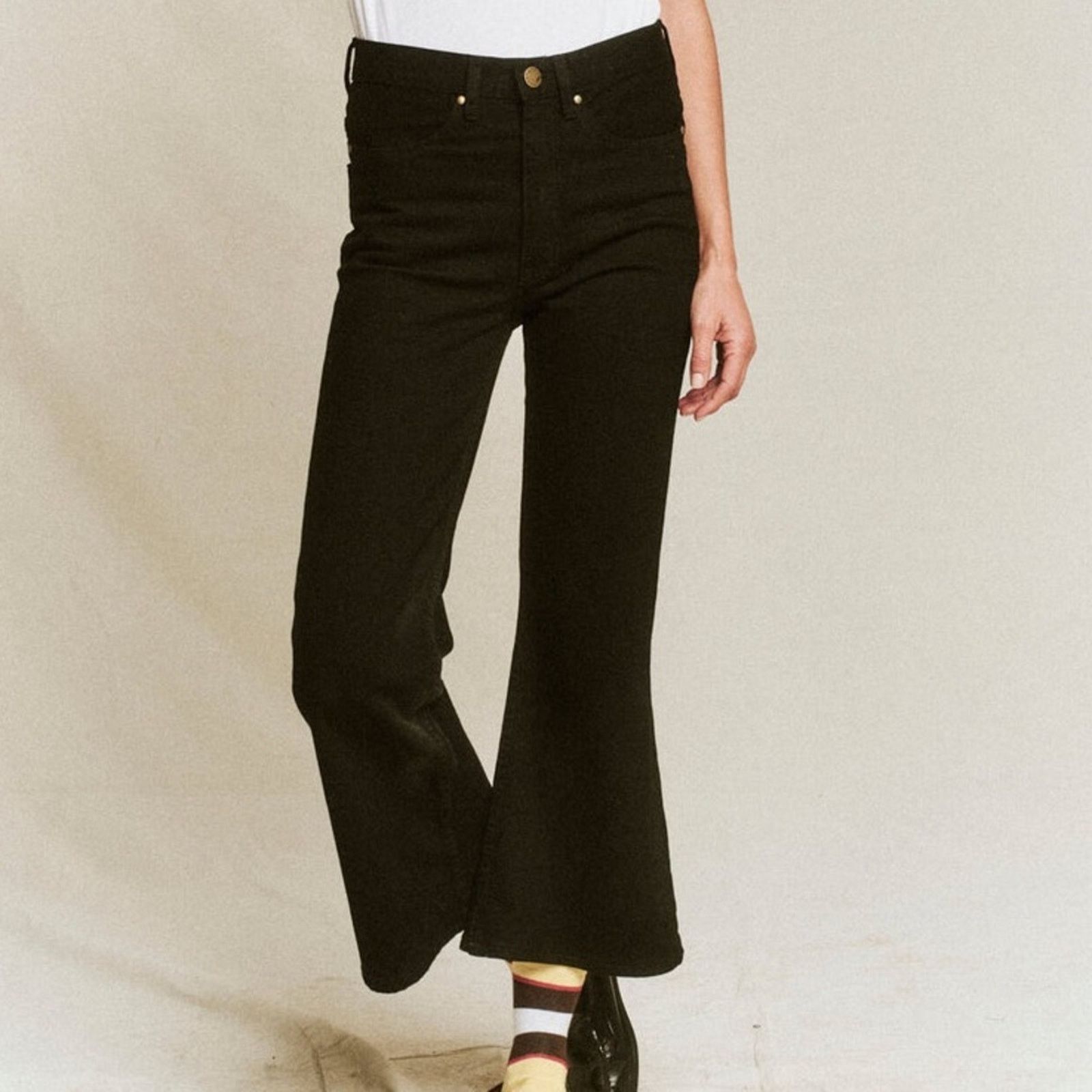 THE GREAT NWT The Great The Kick Bell Jeans Onyx Black Denim Tassel 26 Size 26" / US 2 / IT 38 - 3 Thumbnail