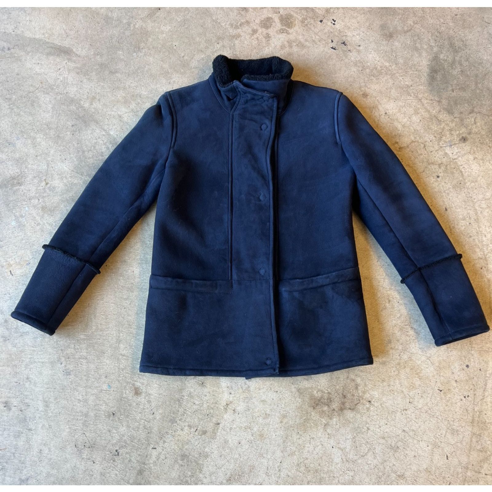 Saks Fifth Avenue Luxury Spanish Shearling Walker Stand Collar Navy Coat - XS Size XS / US 0-2 / IT 36-38 - 1 Thumbnail
