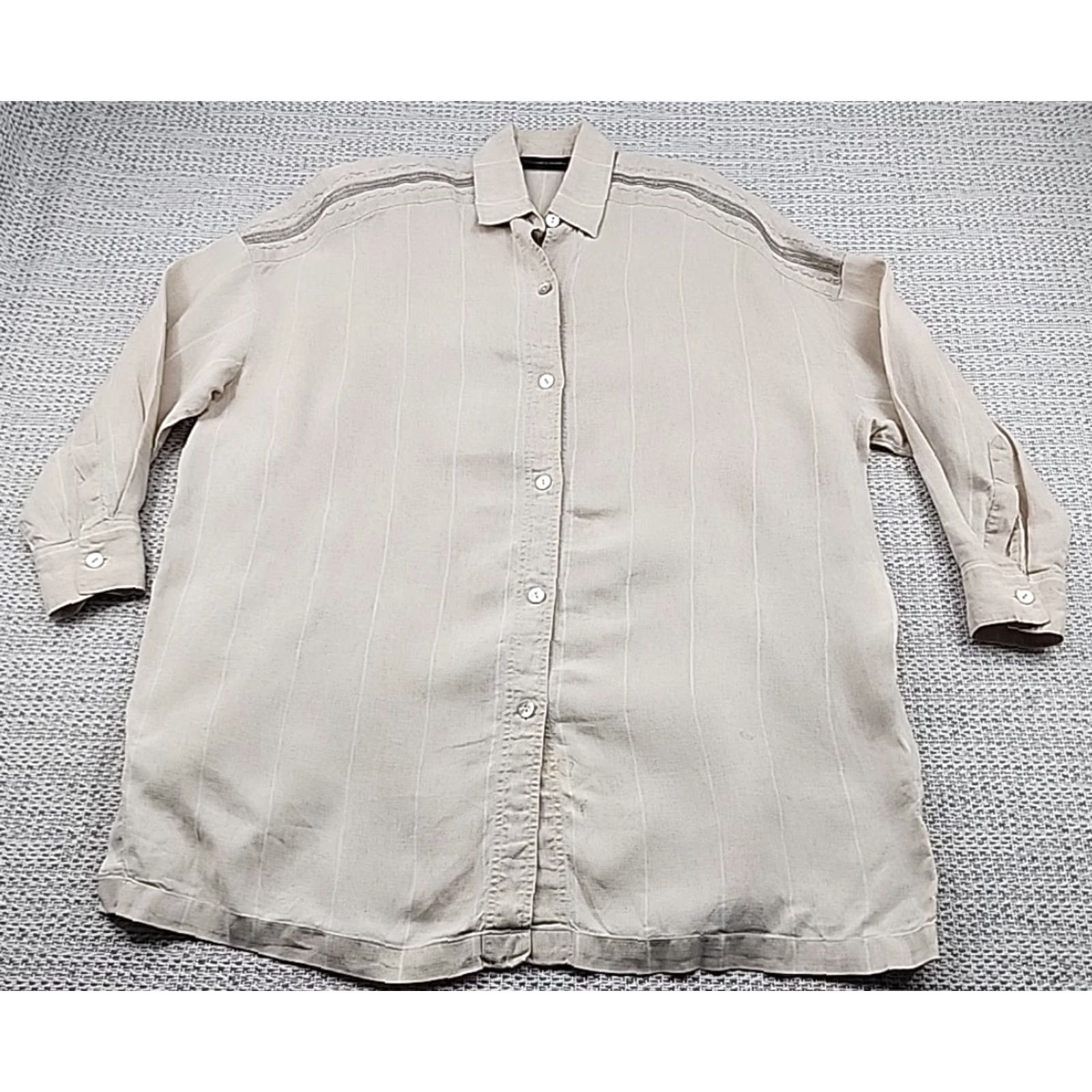 Ellen Tracy Linda Allard Ellen Tracy Blouse Jacket M 100% Linen Button Up Shoulder Pads Beige Long Sleeve Collared 18 Women Vintage: No Size XXL / US 16-18 / IT 52-54 - 2 Thumbnail