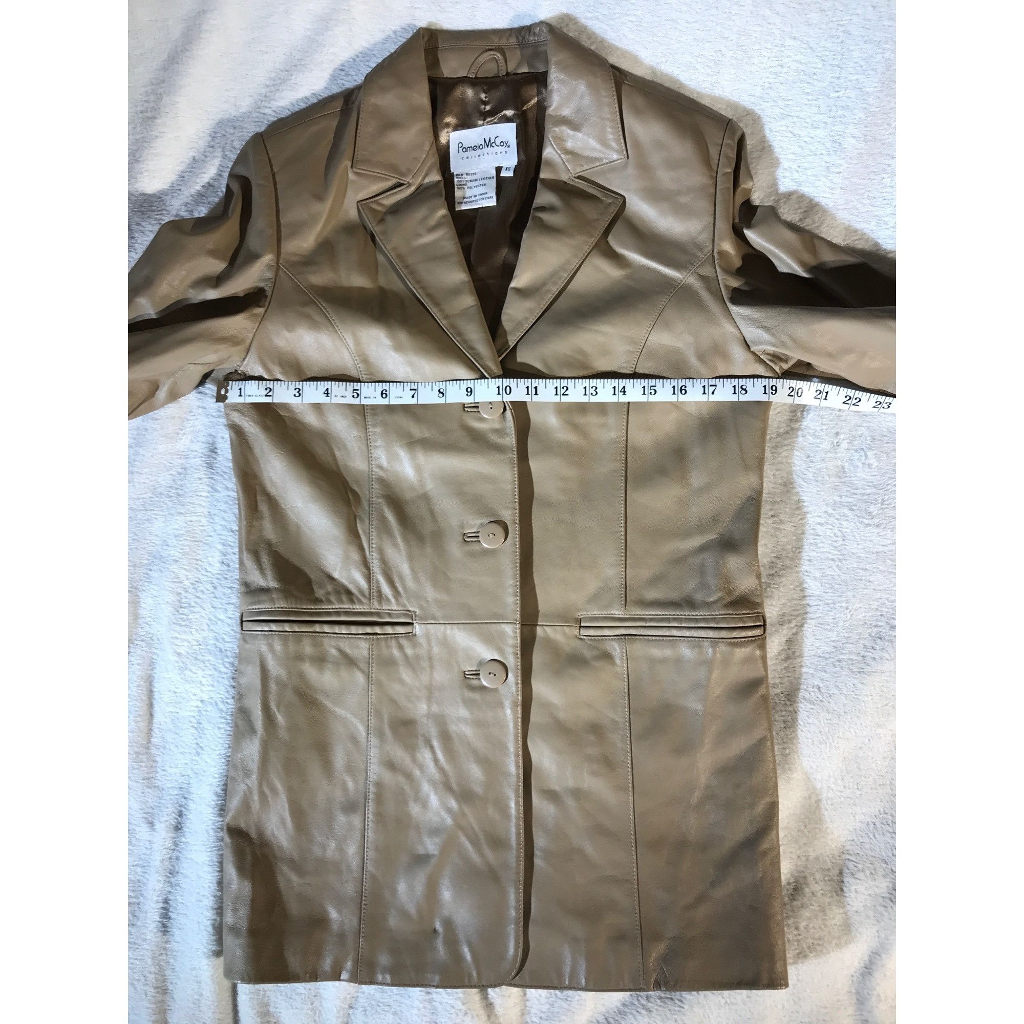 Designer Pamela McCoy Women's Vintage Y2K Taupe Leather Blazer Duster Size XS / US 0-2 / IT 36-38 - 6 Thumbnail