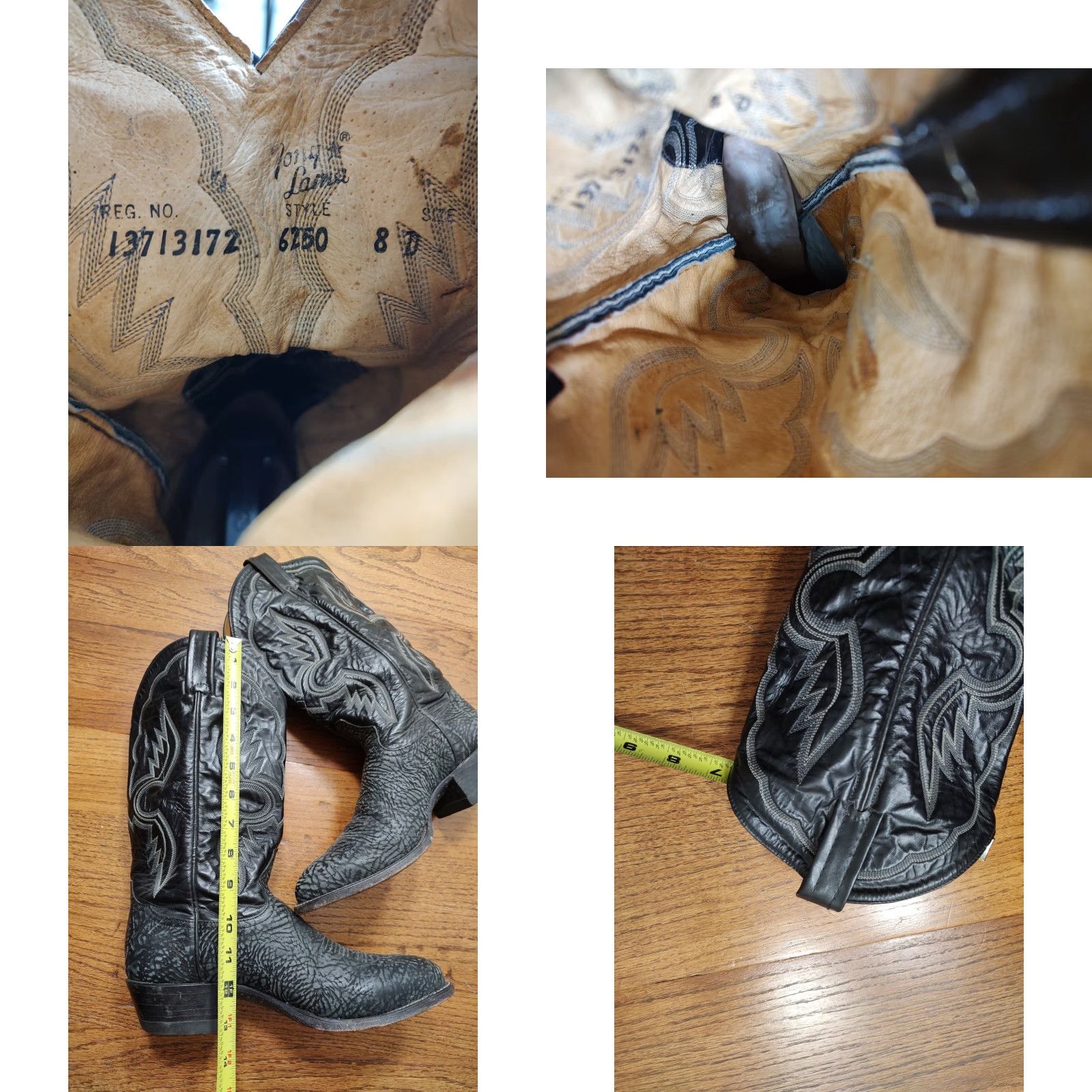 VINTAGE Tony Lama Shrunken Shoulder Cowboy Boots 8 D Black Leather 