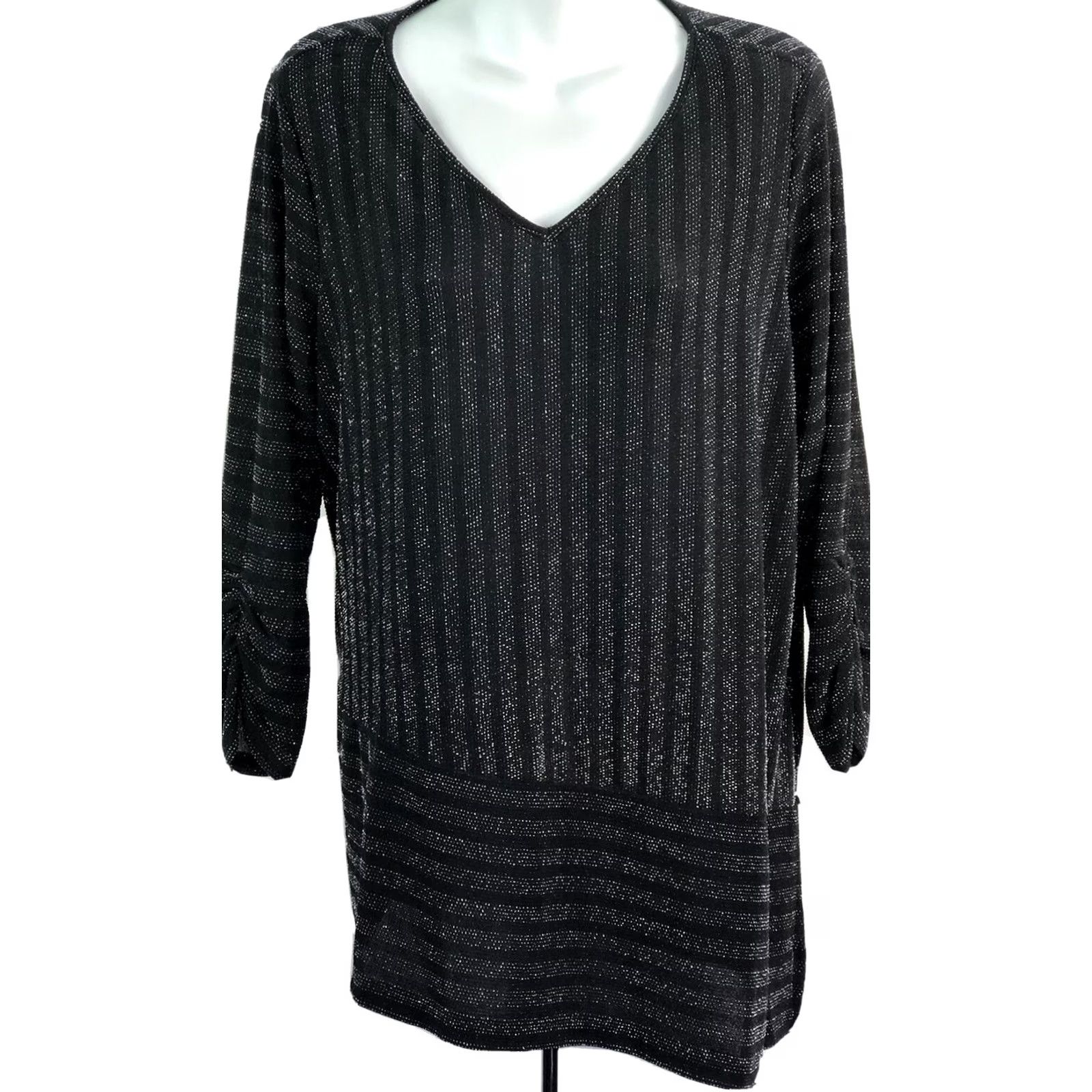 Vintage Roz & Ali Tunic Blouse L Black V-Neck 3/4 Sleeve Ruched Asymmetrical Hem Whimsigoth Women Size L / US 10 / IT 46 - 2 Thumbnail
