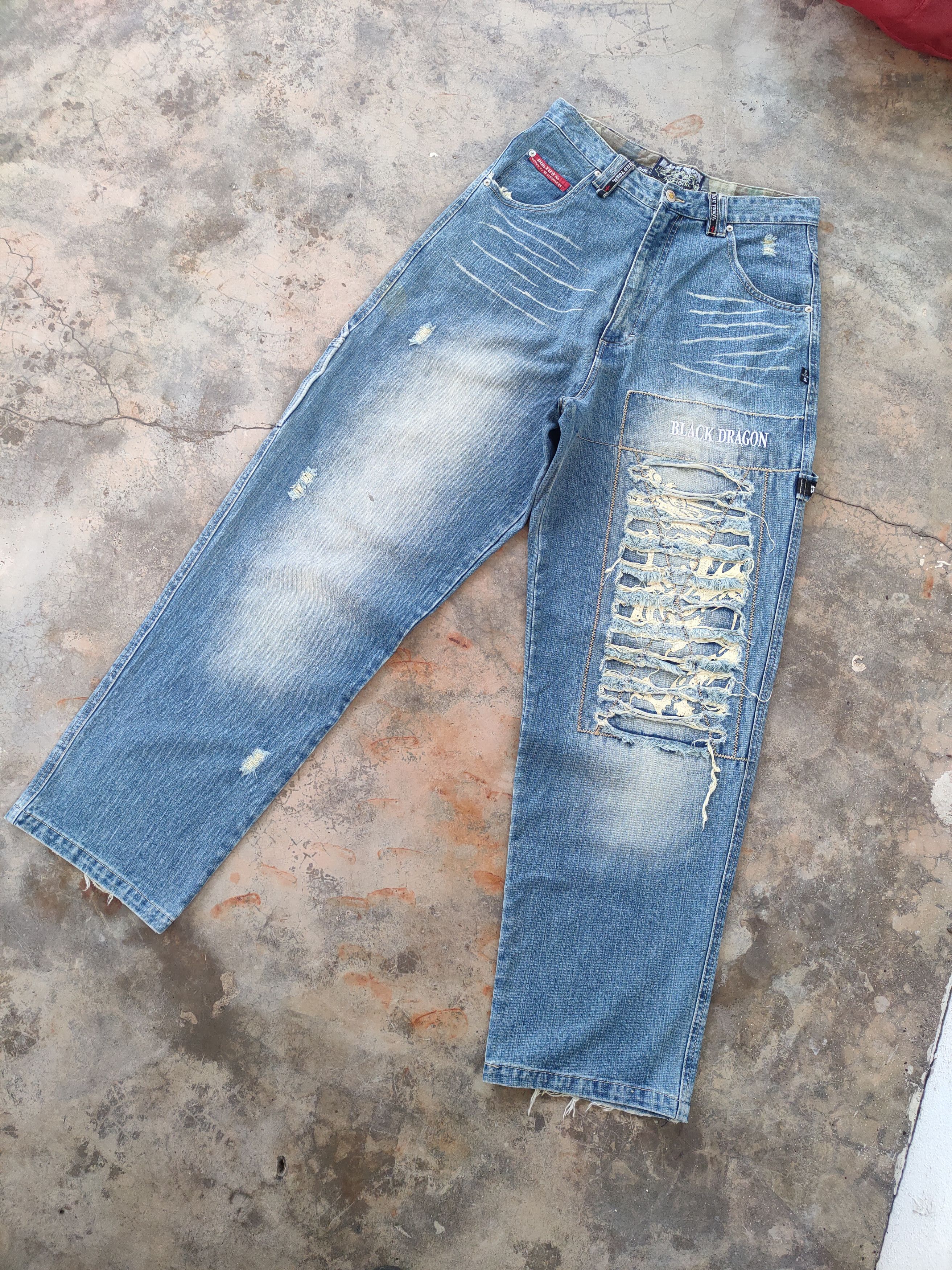 Vision Streetwear # VINTAGE BLACK EMBROIDERED DRAGON FADED JEANS PANTS Size US 32 / EU 48 - 1 Thumbnail