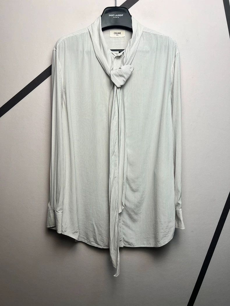 Celine Celine size 38 Striped Bow Tie Mulberry Silk Shirt for Spr Size US M / EU 48-50 / 2 - 1 Thumbnail