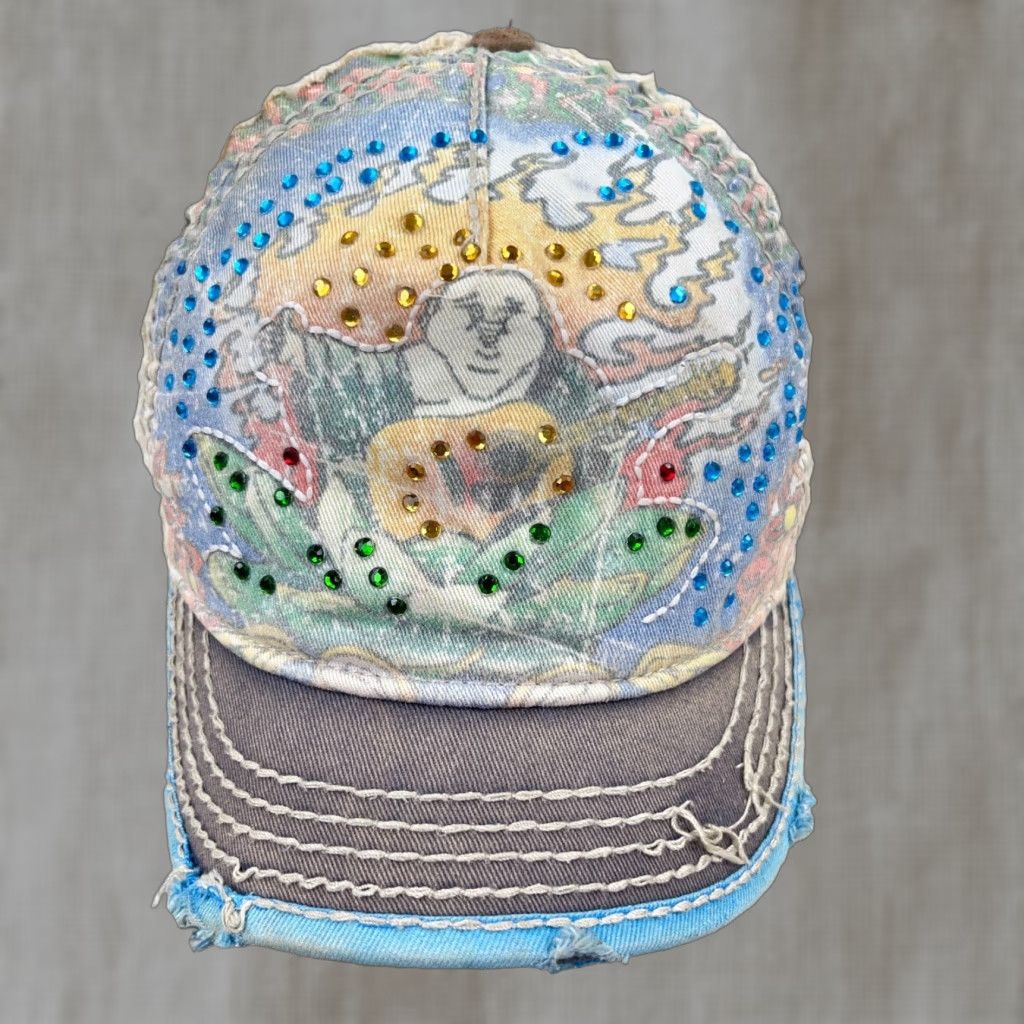 VINTAGE True Religion Women’s Trucker Hat Buddha Crystal Distressed Cotton Leather Blue 90s Retro Boho Adjustable