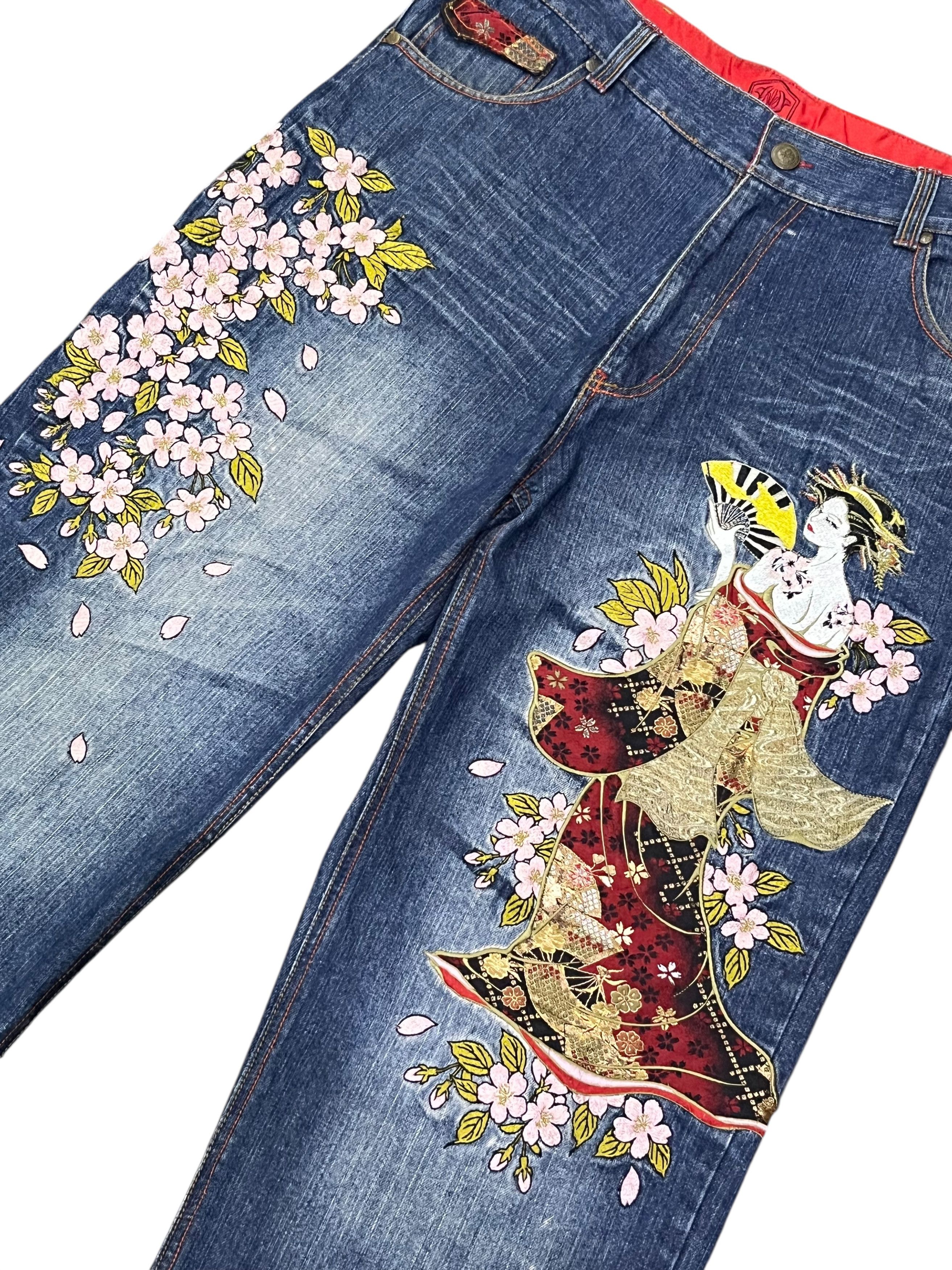 Japanese Geisha Embroidered Denim Jeans Sz 35