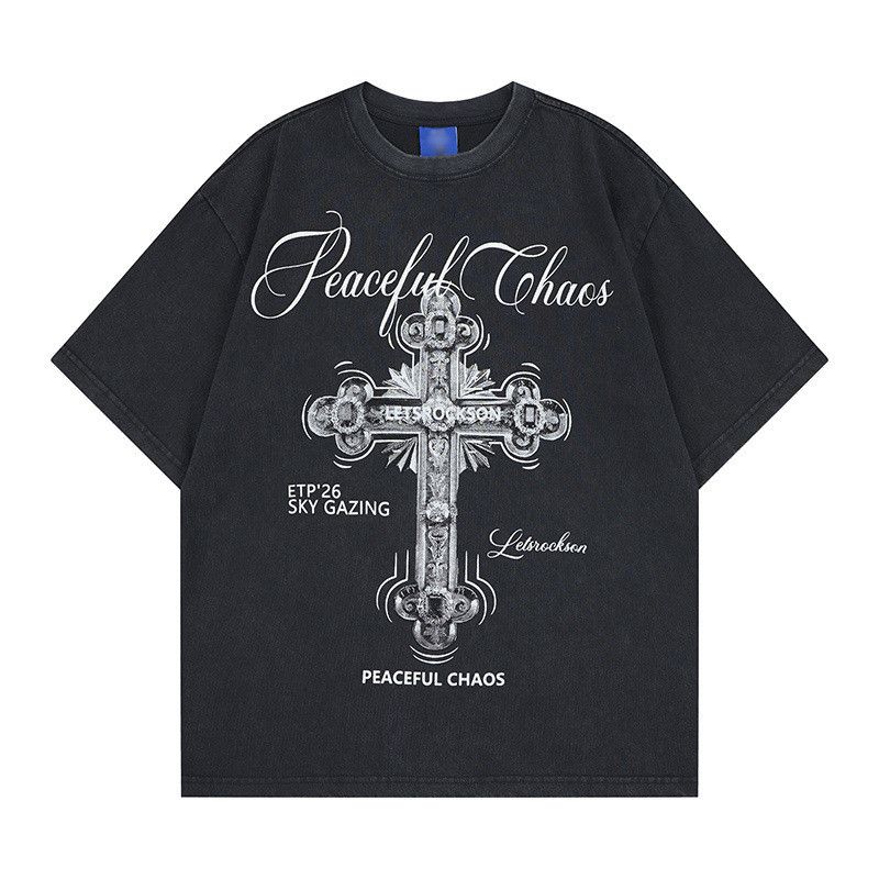 Vintage Men's Loose Casual Cross Print Distressed T-Shirt Size US M / EU 48-50 / 2 - 1 Thumbnail