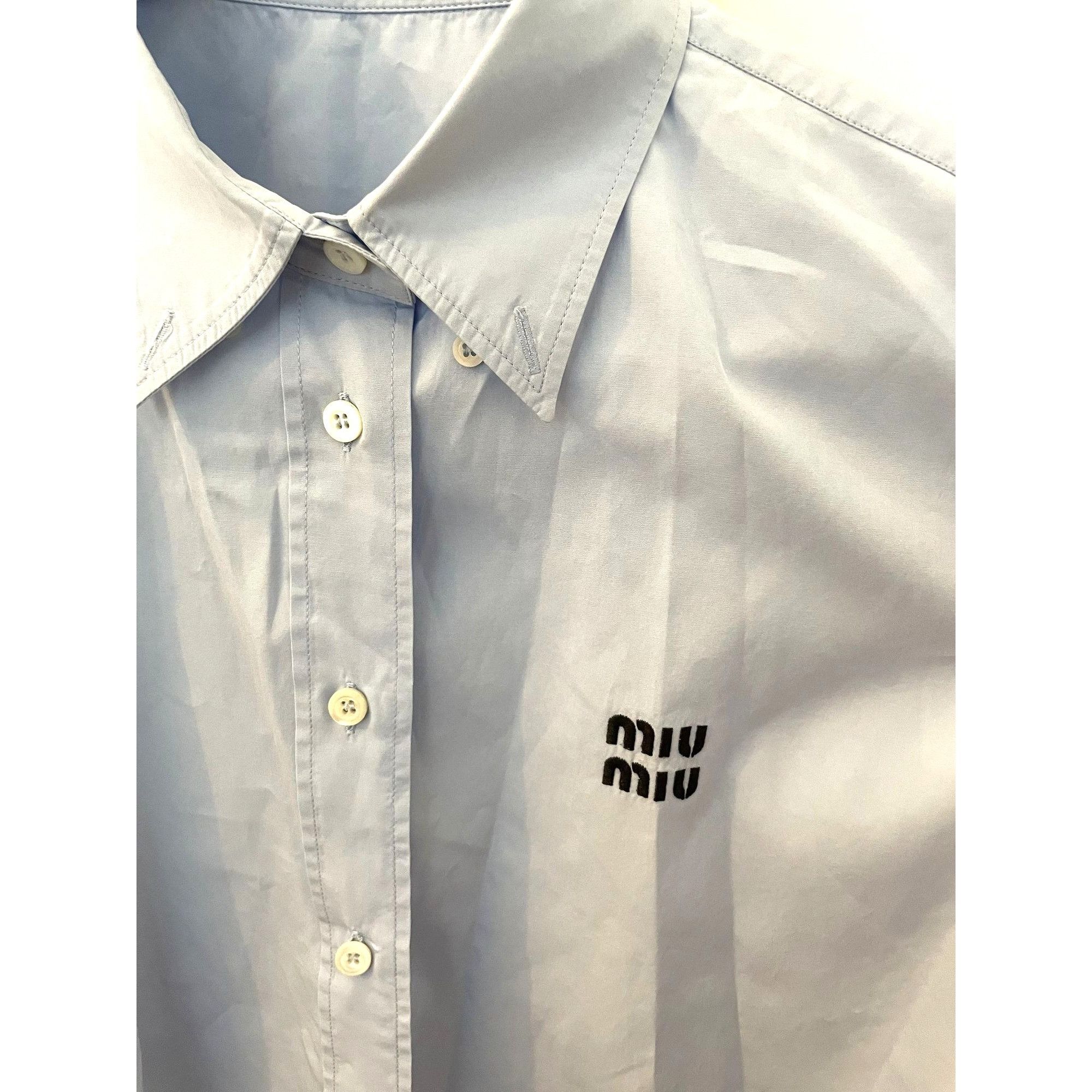 Miu Miu Miu Miu Light Blue Button-Up Shirt With Embroidered Logo Lon Size S / US 4 / IT 40 - 3 Thumbnail