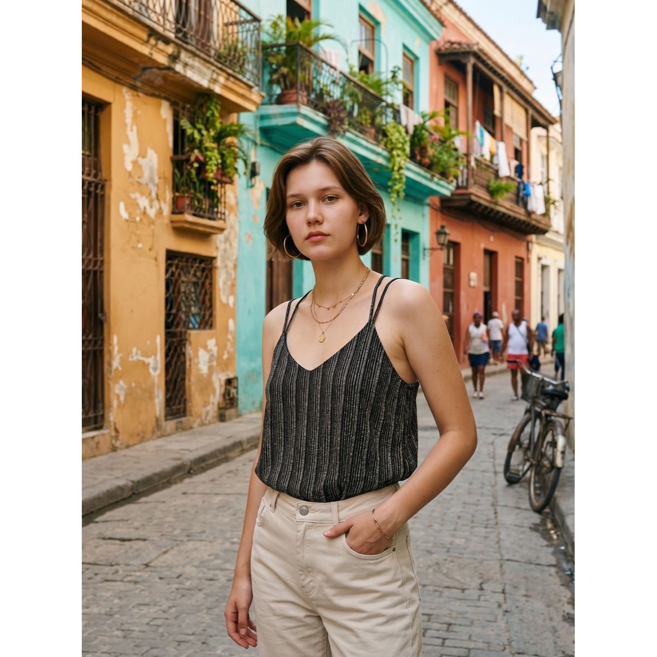 Express Express Black Silver Gold Sparkle Striped V-Neck Cami with Size M / US 6-8 / IT 42-44 - 1 Thumbnail