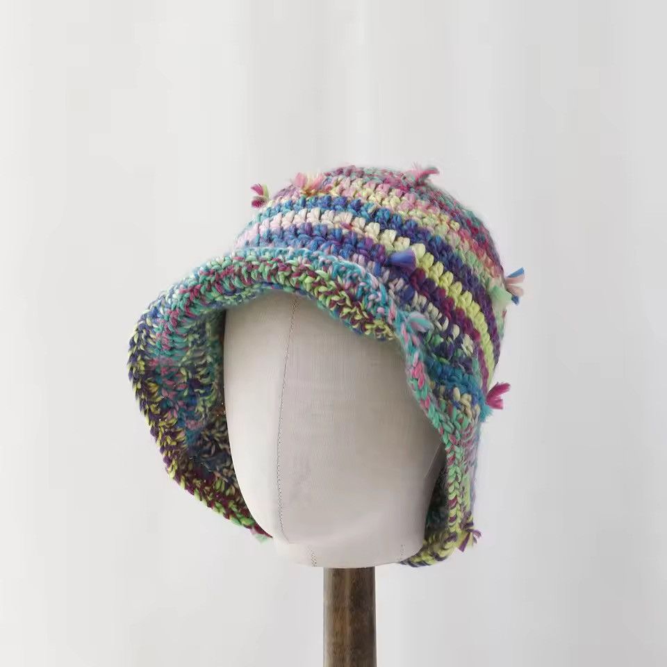 Japanese Brand Retro Color-blocked Striped Woolen Hand-knitted Bucket Hat Size ONE SIZE - 2 Thumbnail