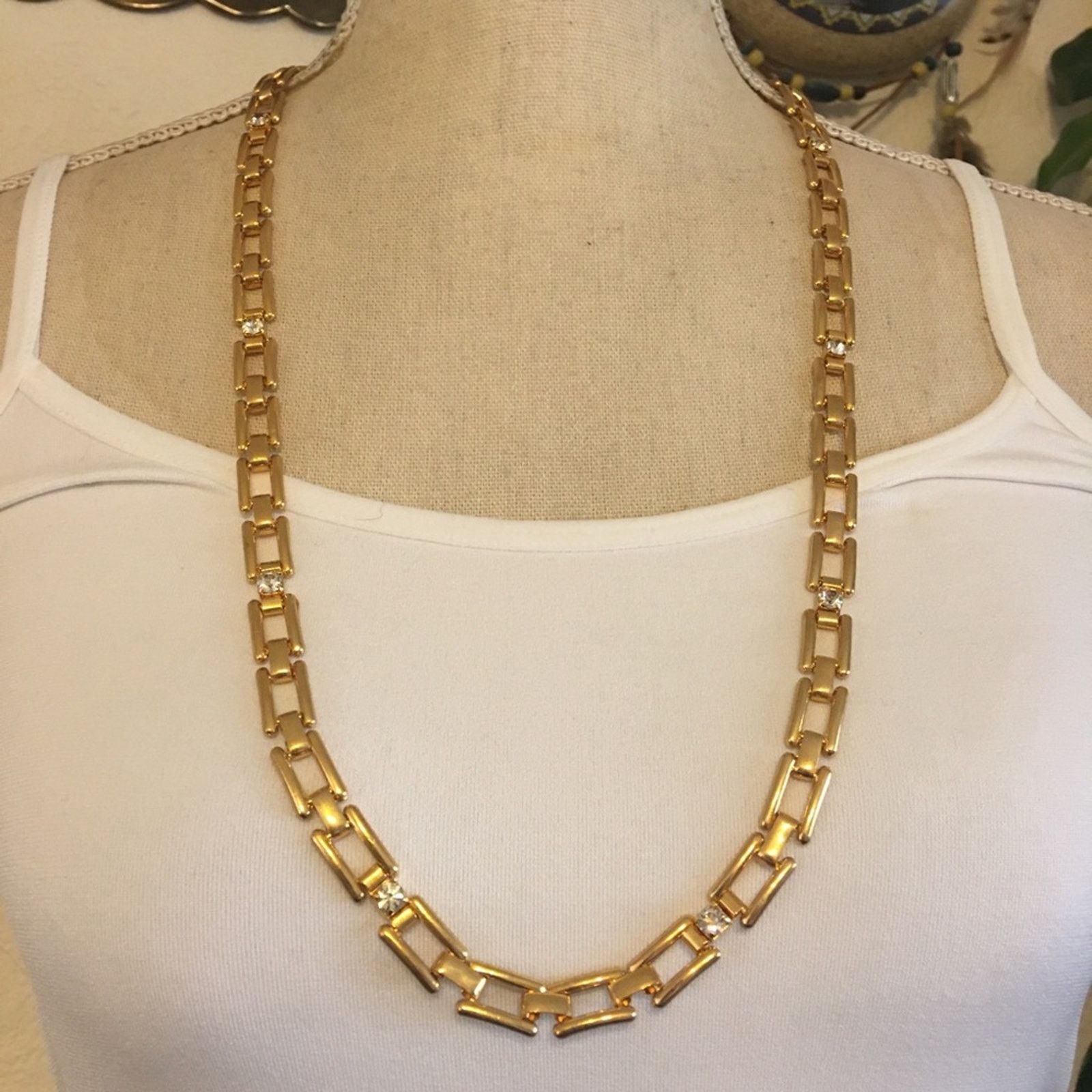 Jewelry Shiny gold link rhinestone accent long necklace Size ONE SIZE - 1 Thumbnail