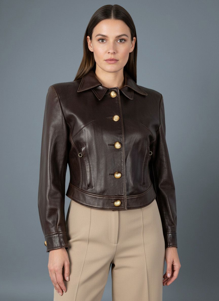 Vintage Vintage UK Women's Brown Cropped Leather Button Down Jacket Size L / US 10 / IT 46 - 1 Thumbnail