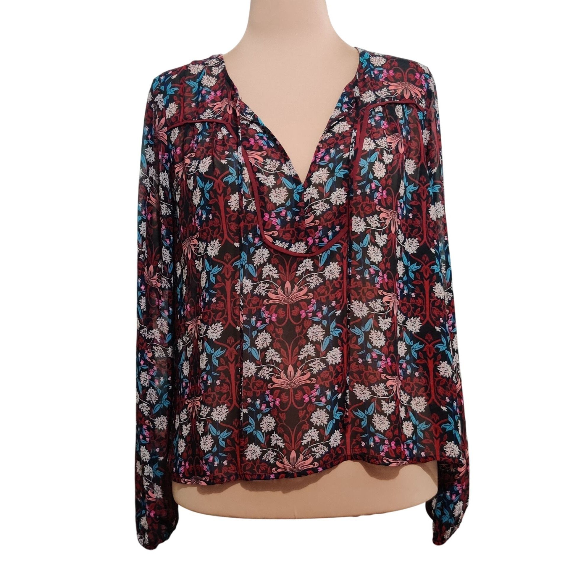 Forever 21 Forever 21 L Sheer Floral Boho Blouse Long Sleeve Tie Neck R Size L / US 10 / IT 46 - 1 Thumbnail