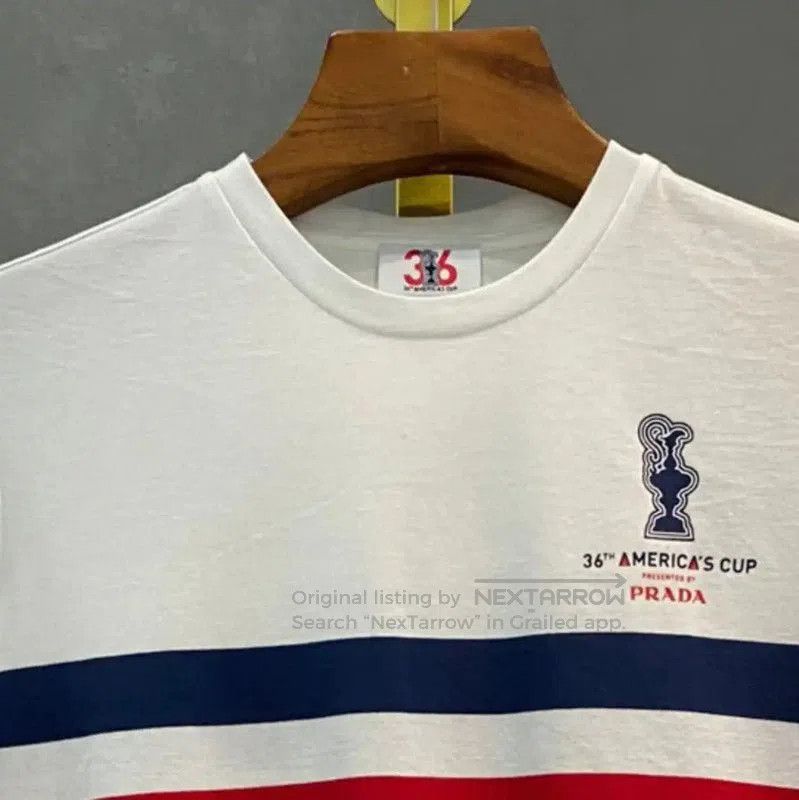 Prada Men's White T-Shirt with Stripes.