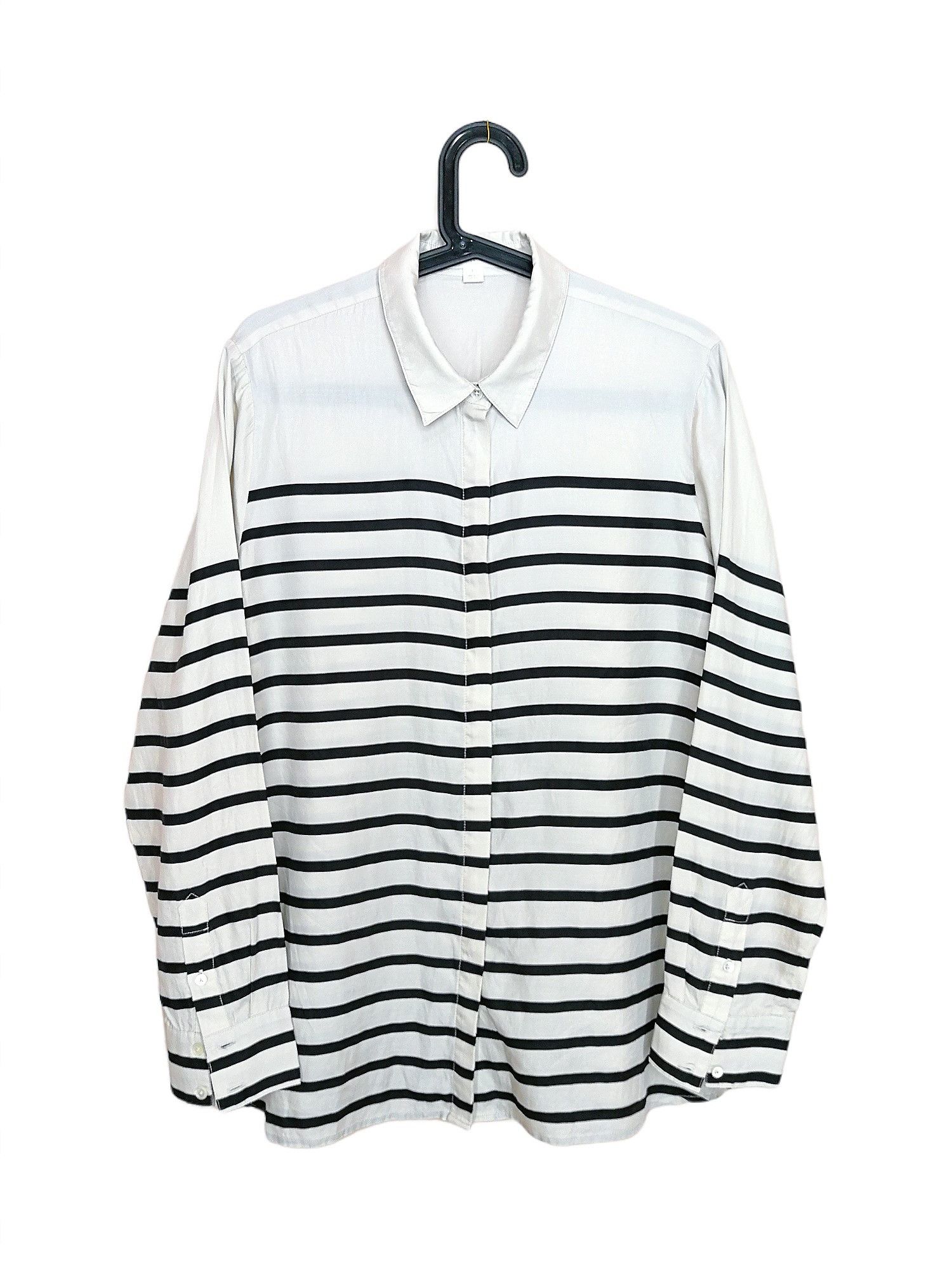 Designer × SikSilk Trenery Shirt Blouse Silk & Cotton White & Black Striped Size L / US 10 / IT 46 - 2 Thumbnail