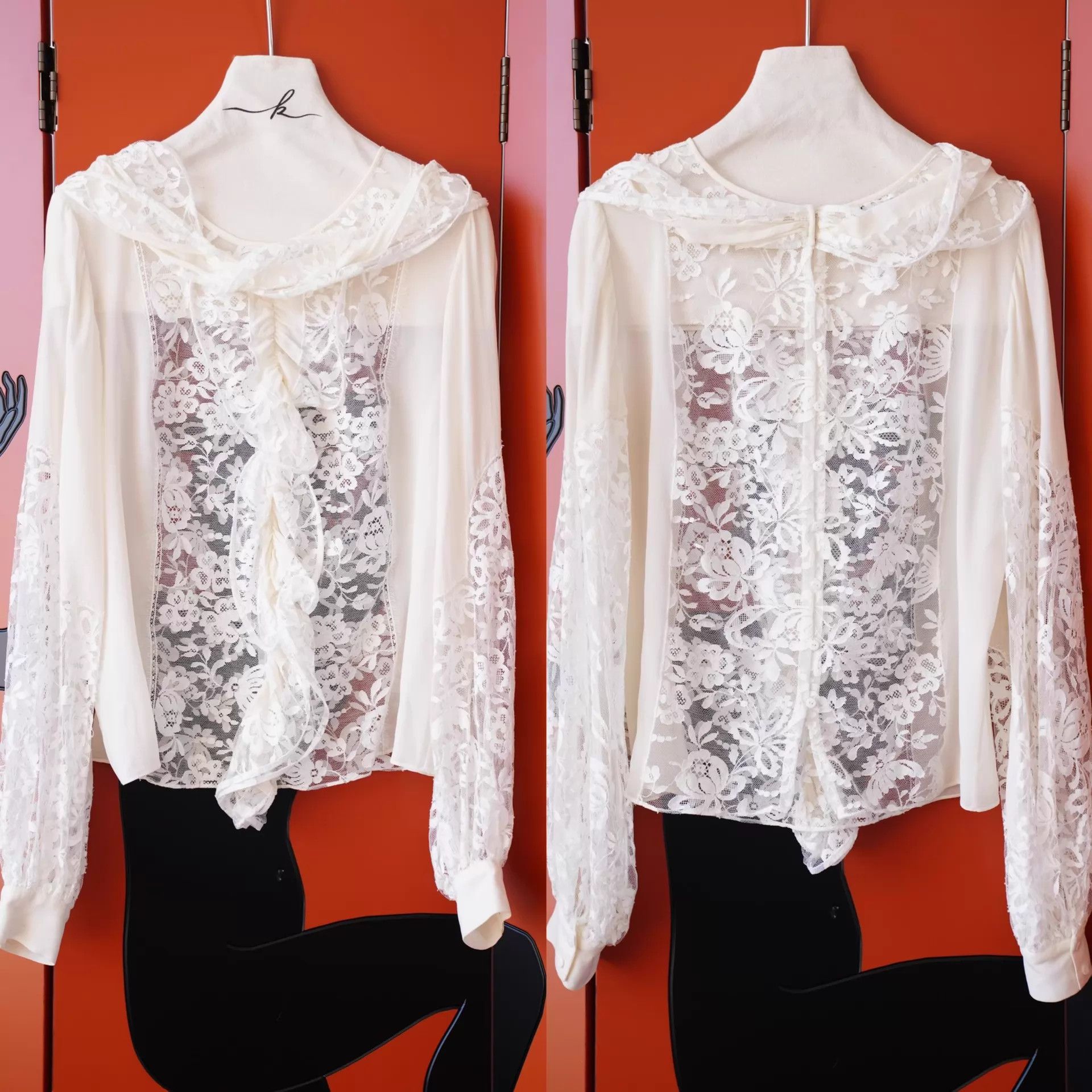 Oscar De La Renta Oscar de la Renta Vintage White Silk Lace 3D Twisted Shirt Size M / US 6-8 / IT 42-44 - 2 Thumbnail