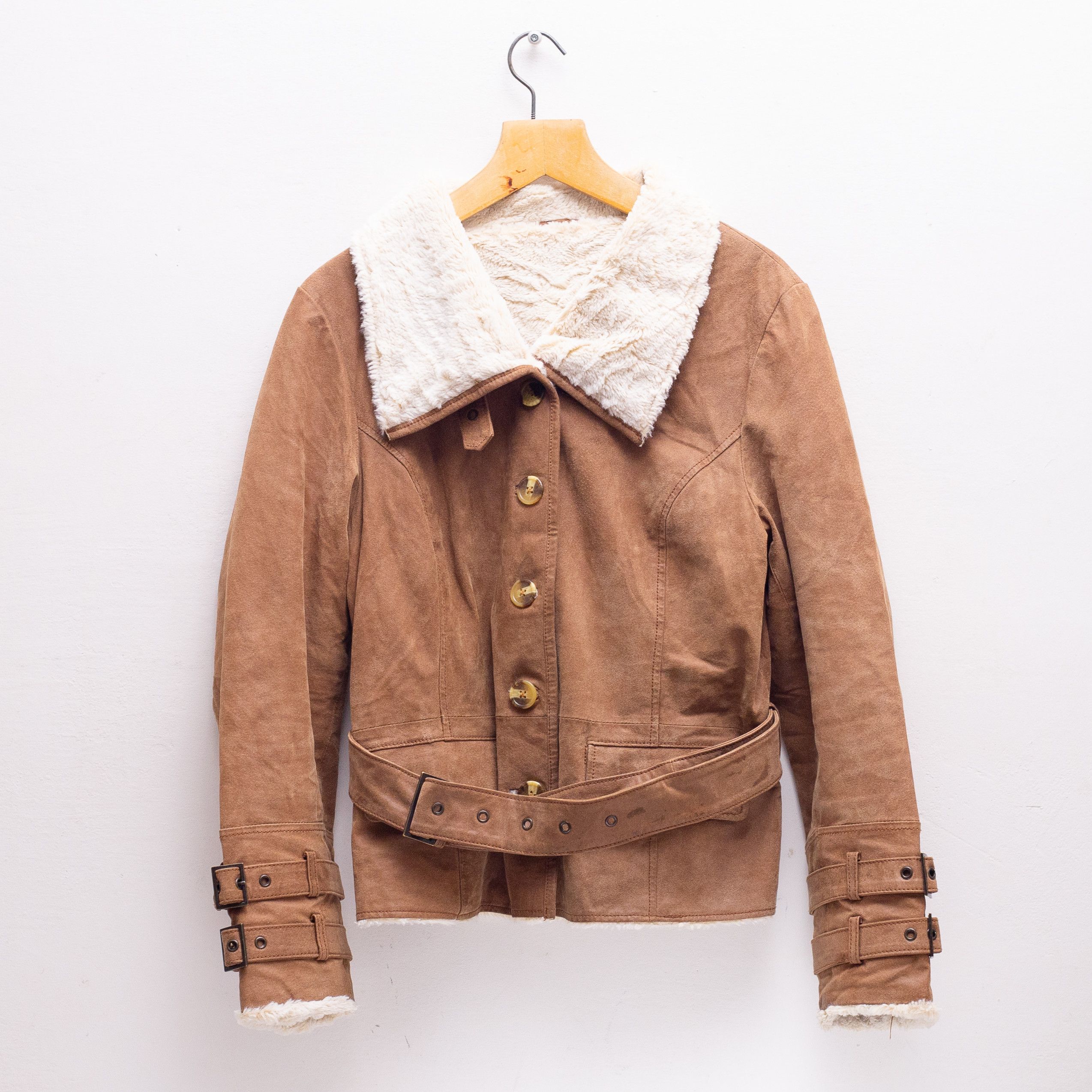 Women's Leather Brown Faux Fur Jacket Button Down With Belts