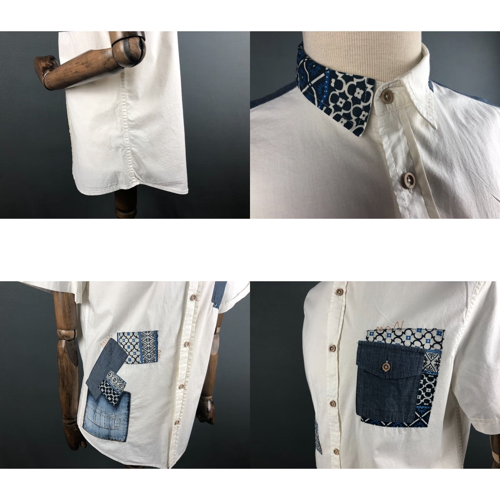 Desigual Desigual Men's Shirt L White Cotton Short Sleeve Patterned Patchwork Button-Up Size US L / EU 52-54 / 3 - 8 Thumbnail
