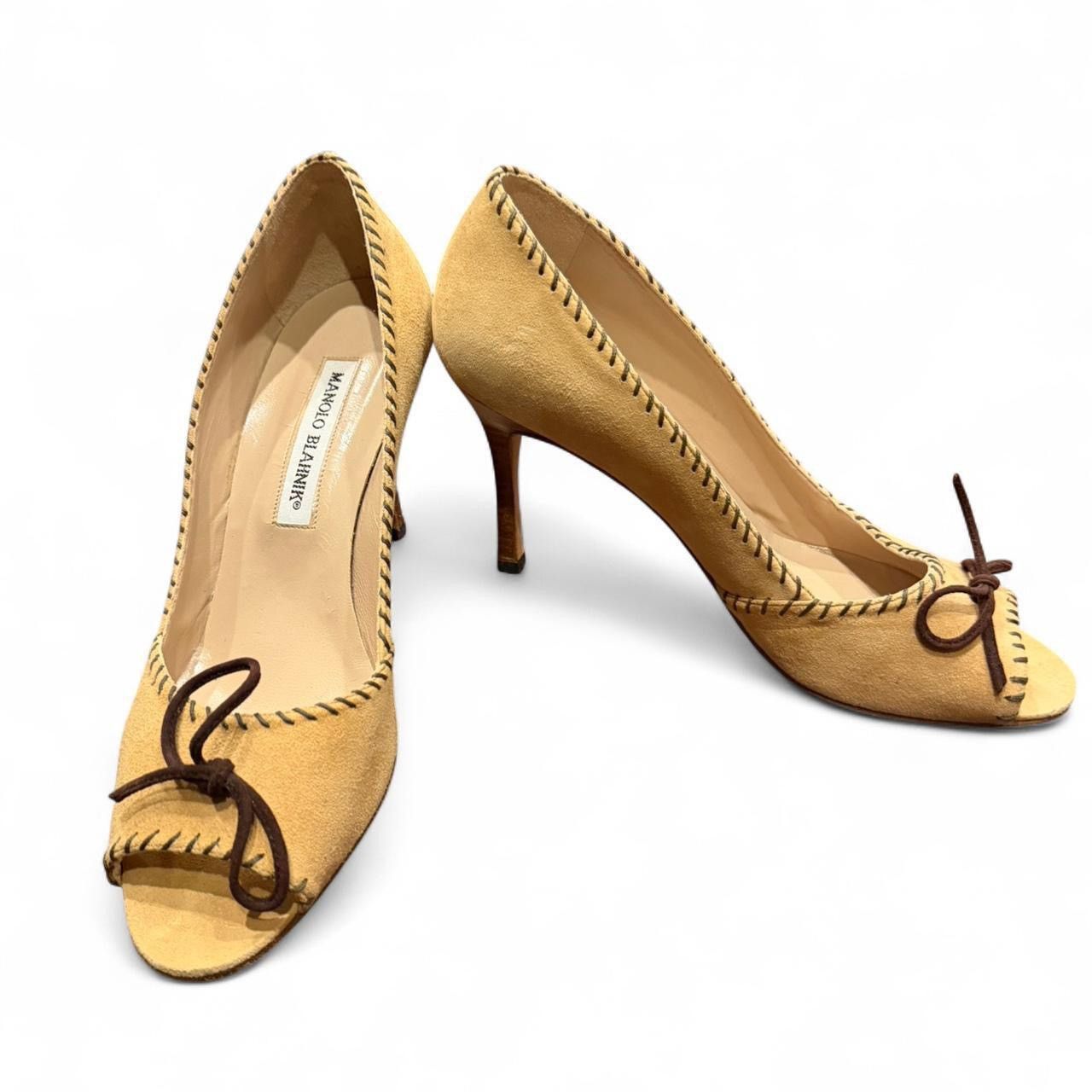 Manolo Blahnik Vintage Manolo Blahnik Suede Peep Toe Pumps Camel Size US 8.5 / IT 38.5 - 5 Thumbnail