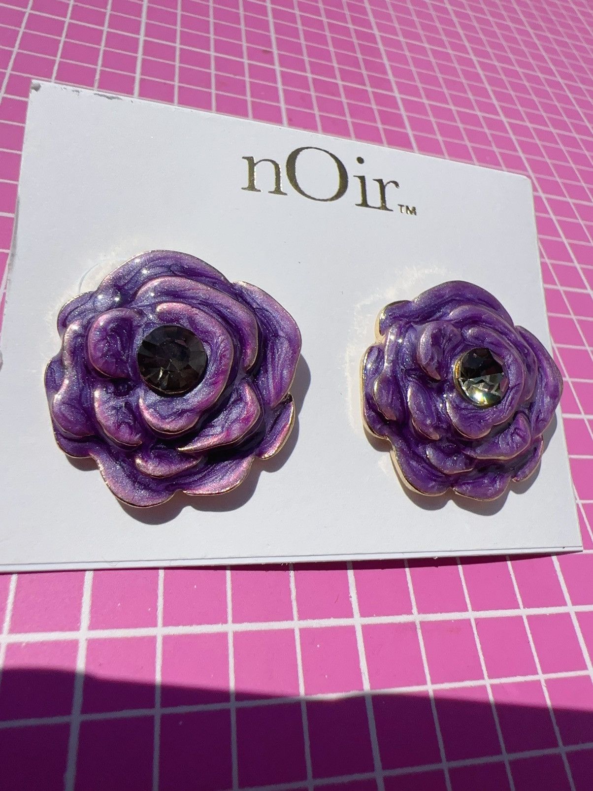 Designer Noir gold tone purple flower reflective studs earrings Size ONE SIZE - 5 Thumbnail