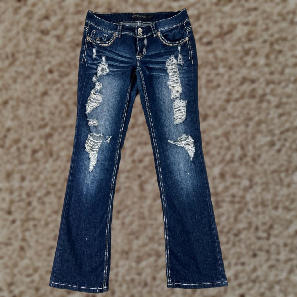Vintage VINTAGE Rue21 Women's Jeans Pants 5 Blue Denim Low Rise Distressed Bootcut Slim Fit 31in Inseam Size 27" / US 4 / IT 40 - 1 Thumbnail