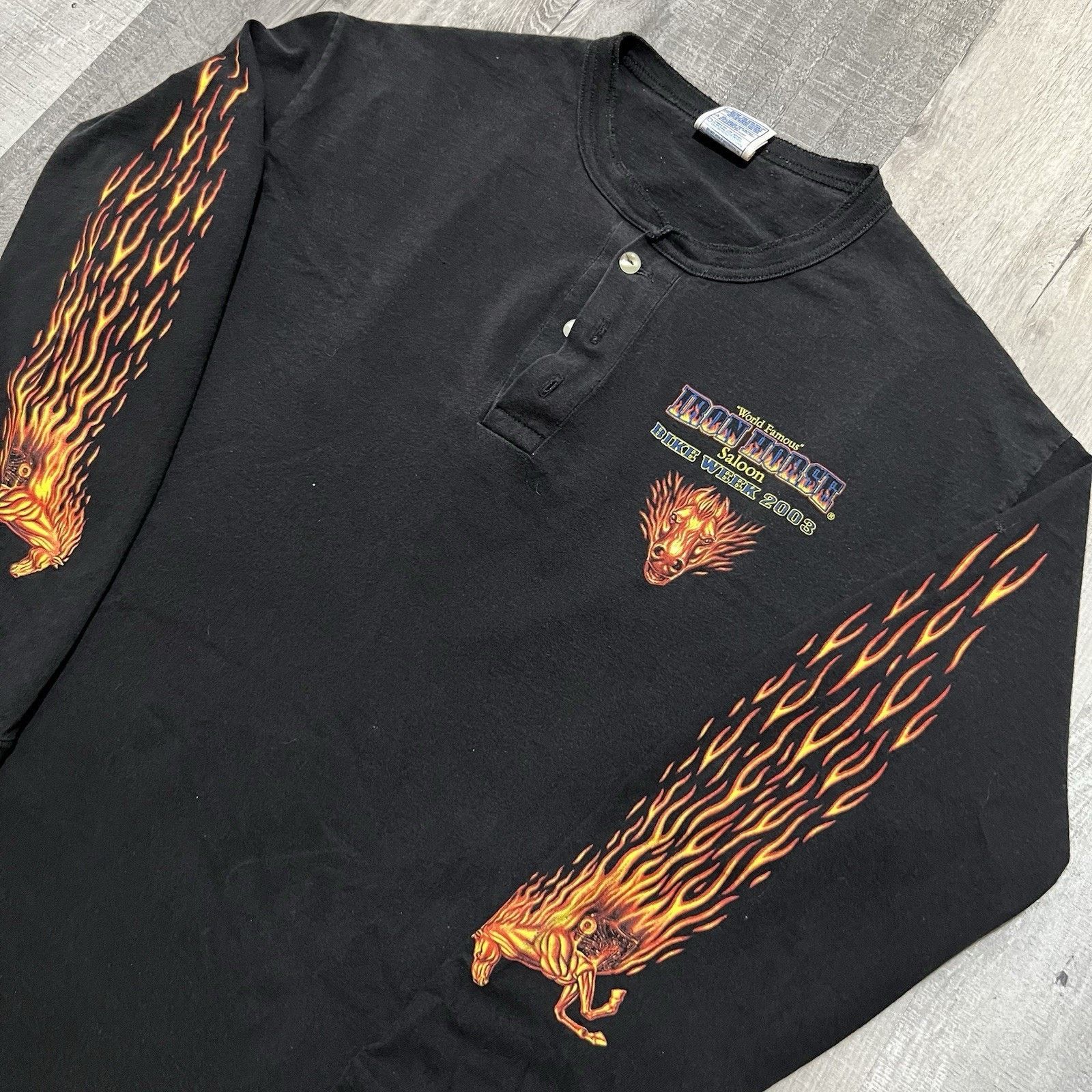 Vintage VTG Bike Week Long Sleeve Biker Flames Iron Horse Saloon Tee Size US L / EU 52-54 / 3 - 3 Thumbnail