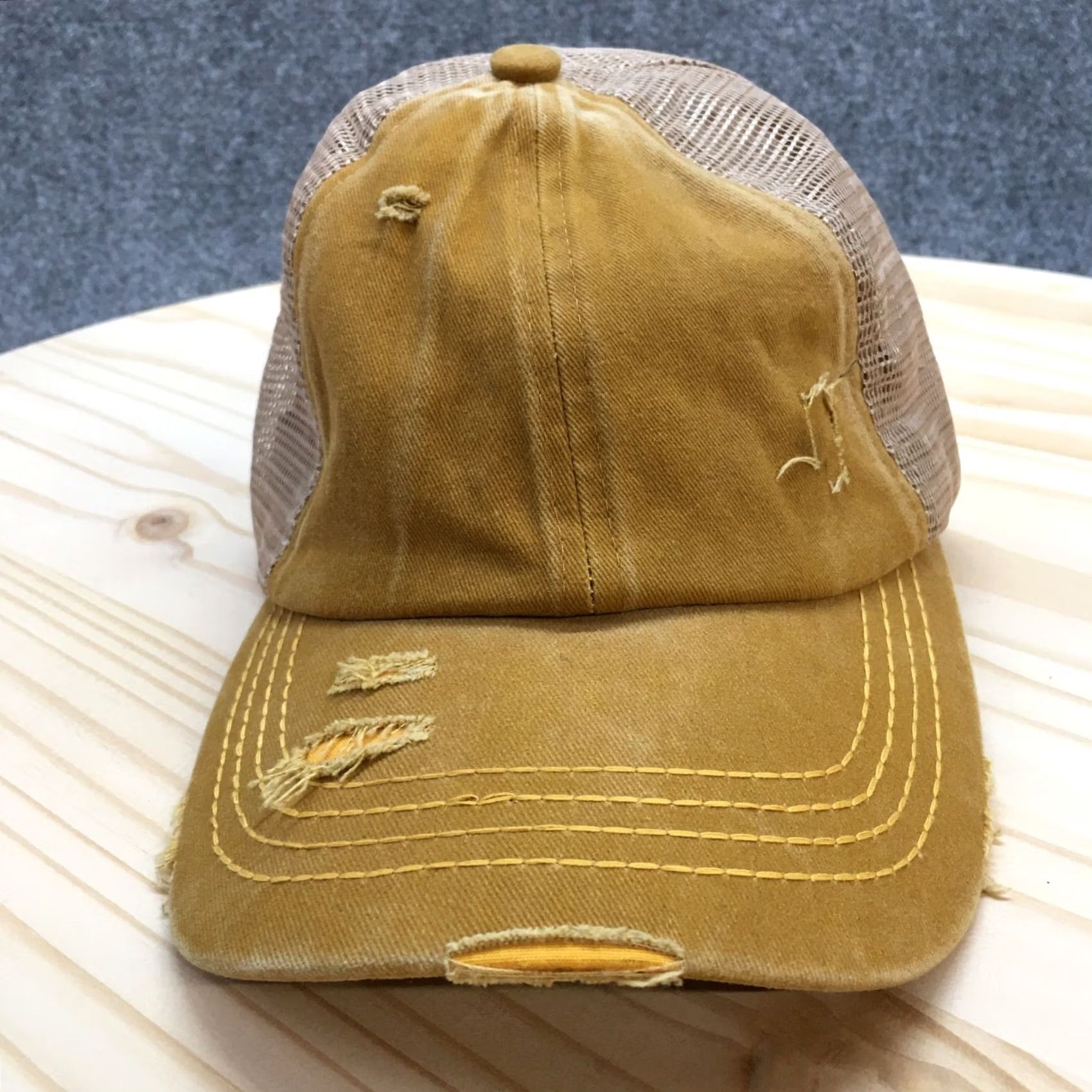 Vintage Womens Trucker Hat CC Exclusives Distressed High Ponytail Gold OS Cap Casual Adjustable Mesh Back Ready-to-Wear Size ONE SIZE - 2 Thumbnail