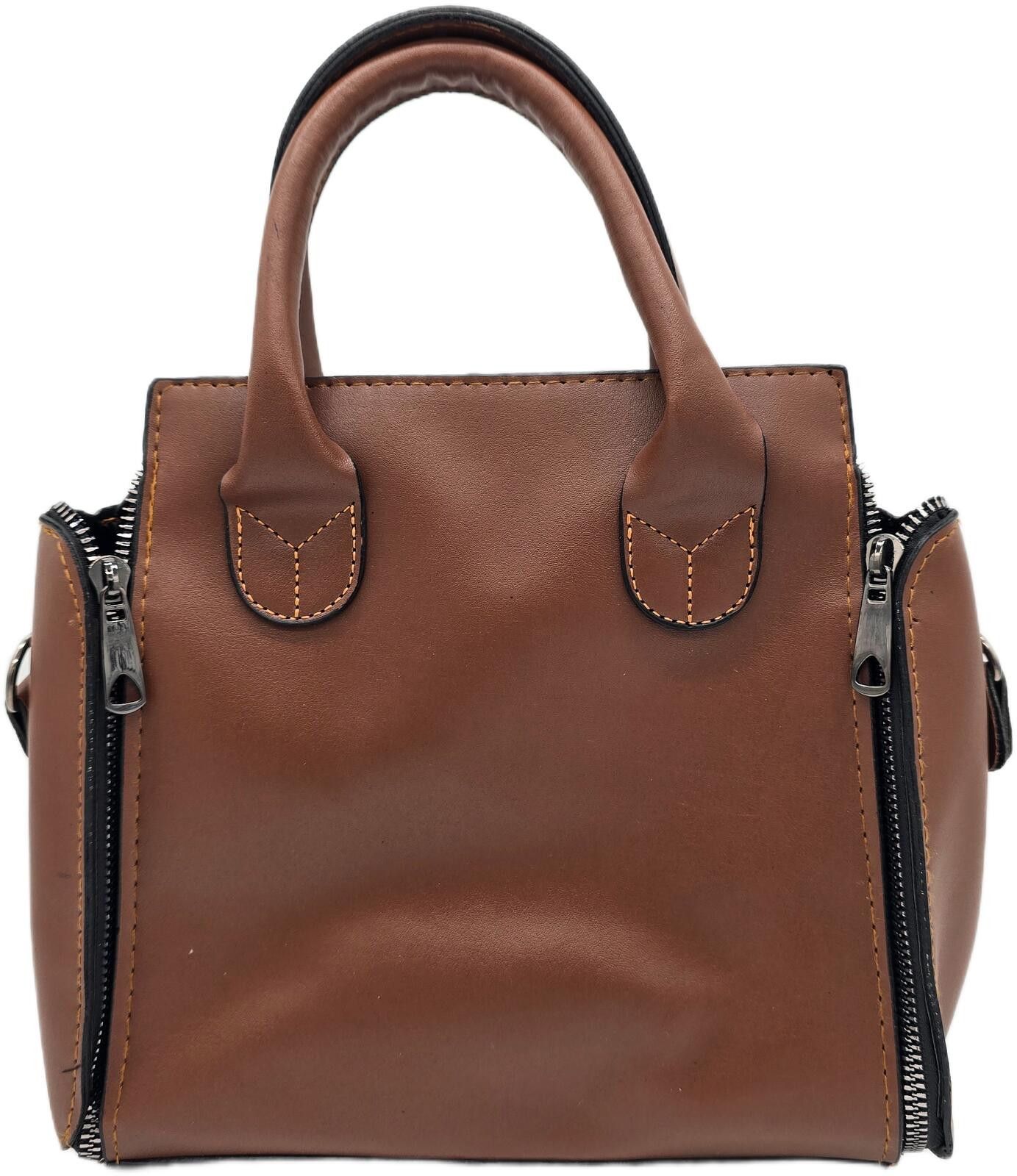 The Unbranded Brand Brown Faux Leather Handbag with Dual Zipper Detail Size ONE SIZE - 1 Thumbnail
