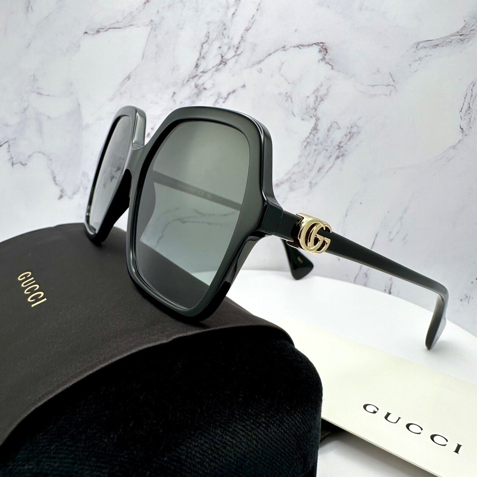 Gucci GUCCI Sunglasses New Black Oversized Acetate Gold Metal Logo Size ONE SIZE - 6 Thumbnail