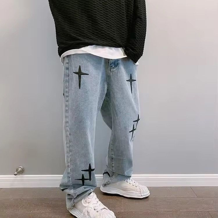 Jean Men's loose wide-leg sticker embroidery design jeans Size US 31 - 7 Thumbnail