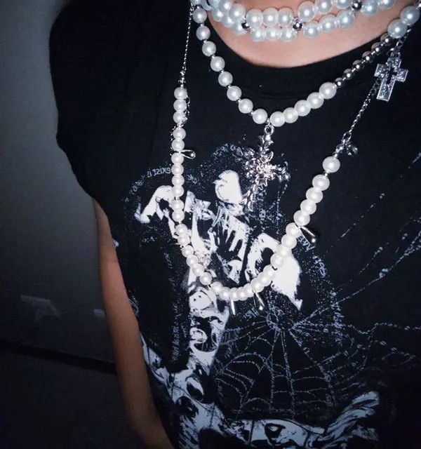 Jewelry White Pearl Cross Charm Layered Necklace, Gothic Jewelry Size ONE SIZE - 6 Thumbnail
