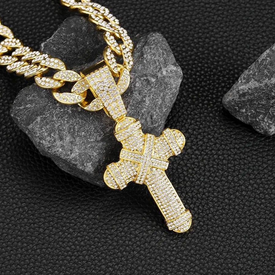 Jewelry 15mm Width Iced Cuban Chain & R.Stone Cross Pendant Necklace Size ONE SIZE - 2 Thumbnail