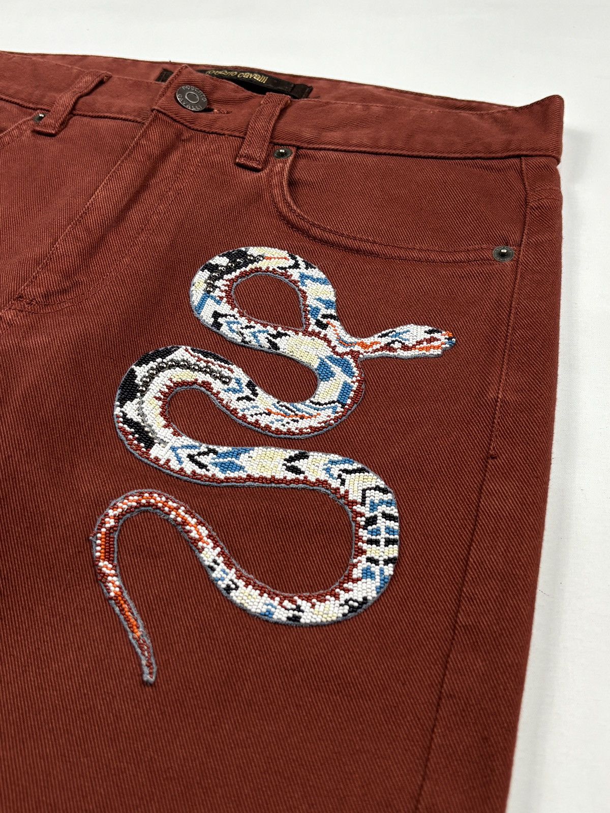 Roberto Cavalli Burgundy Snake Embroidered Slim Fit Jeans Size US 30 / EU 46 - 5 Thumbnail