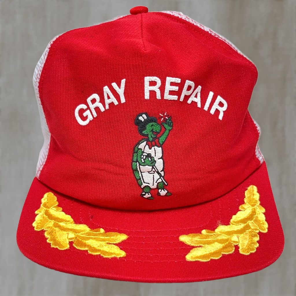 Vintage Vintage 80s Trucker Hat Cap SnapBack Pinwheel Red Gray USA Repair Turtle Made In Size ONE SIZE - 1 Thumbnail