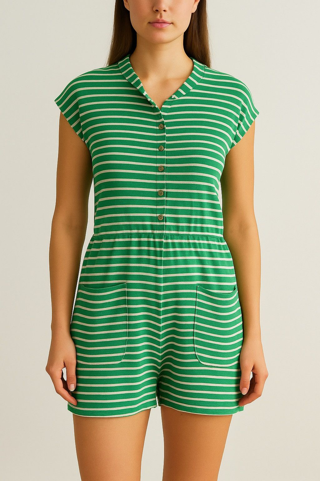 Marimekko Marimekko Womens Green Striped Button Front Romper Playsuit Size M / US 6-8 / IT 42-44 - 1 Thumbnail