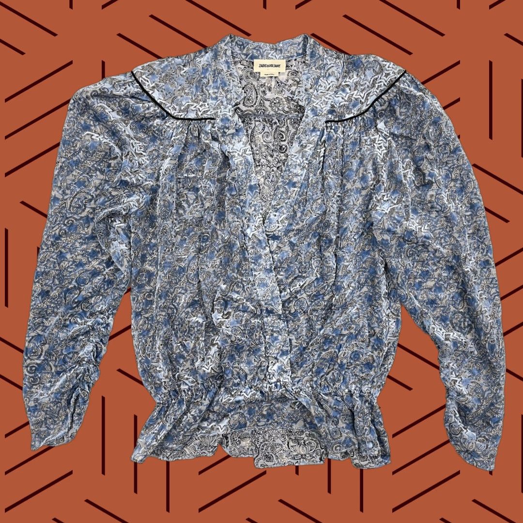 Zadig & Voltaire VINTAGE Zadig & Voltaire Tori Velours Devore Blouse Blue Floral Velvet Surplice Size S / US 4 / IT 40 - 1 Thumbnail